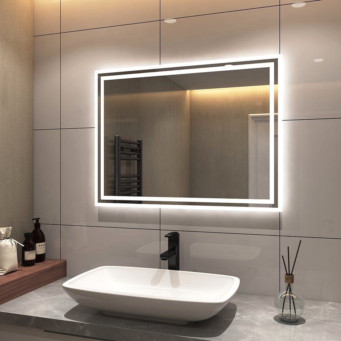 LED Druckknopfschalter, S'AFIELINA mit Wandmontage, Badspiegel Badspiegel Lichtfarben,Energiesparend, IP44 Beleuchtung, Badspiegel mit Beschlagfrei,2