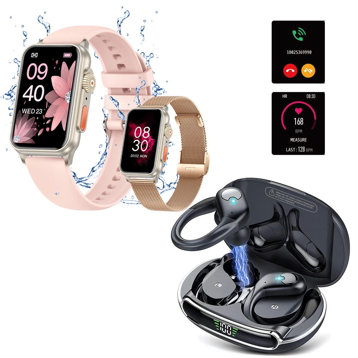 HYIEAR Smartwatch Damen Herren Combo Bluetooth Kopfhörer, LED-Anzeige Smartwatch (4.5 cm/1.77 Zoll) Packung, mit 120 Sportmodi, Inkl. wechselbare Uhrenarmbänder, Pulsmesser, Stereo-Ohrhörer, IP5 Wasserfestigkeit, Voice Assistant