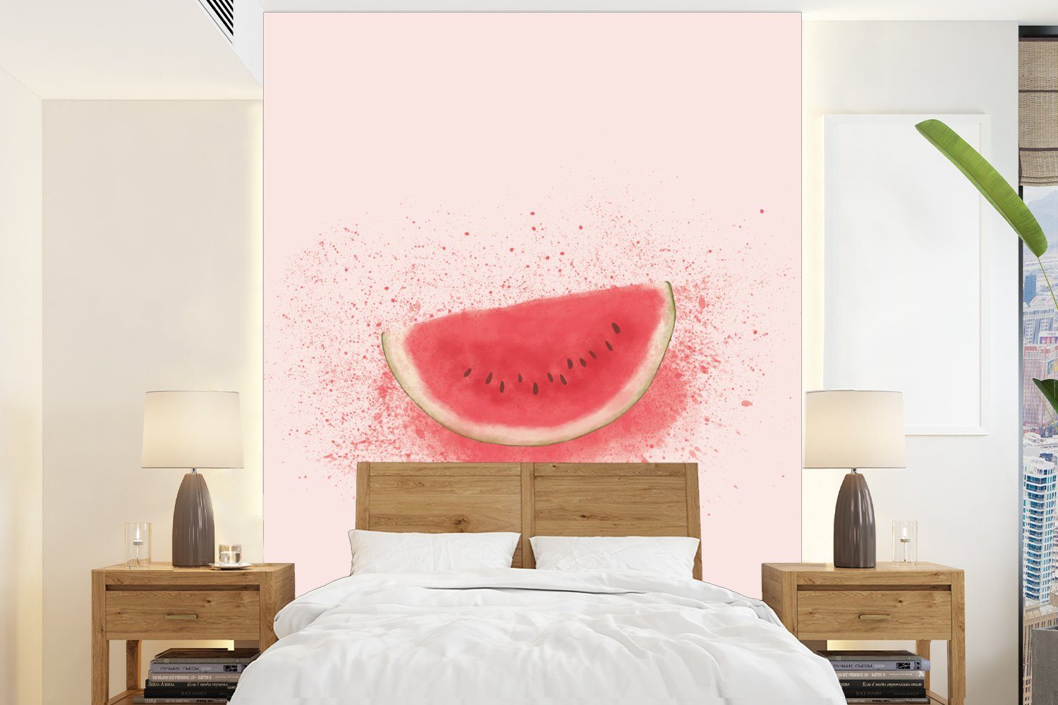 MuchoWow Fototapete Wassermelone - Obst - Pastell - Sommer, Matt, bedruckt, (4 St), Montagefertig Vinyl Tapete für Wohnzimmer, Wandtapete