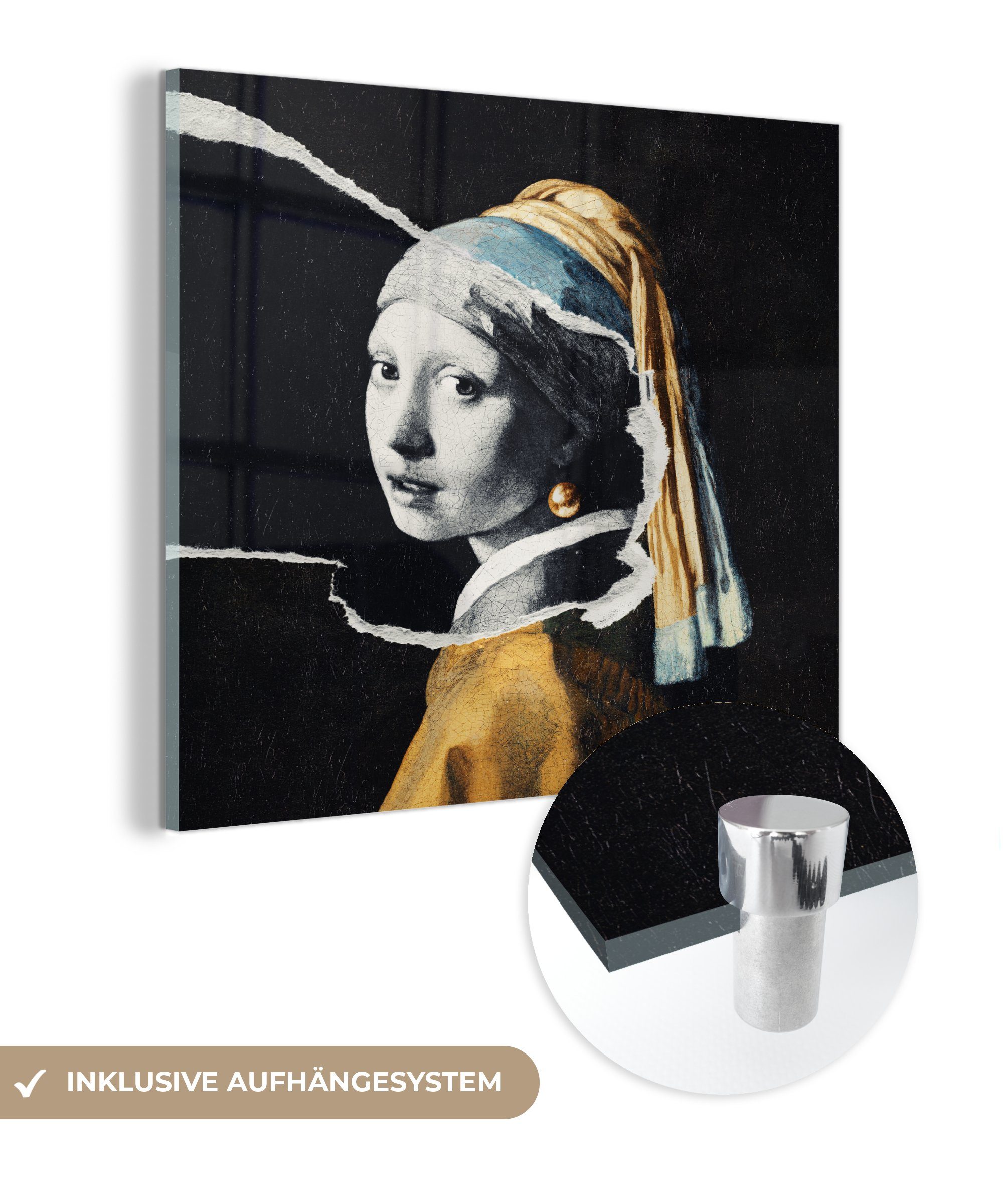 MuchoWow Acrylglasbild Mädchen mit Perlenohrring - Gold - Schwarz - Weiß, (1 St), Glasbilder - Bilder auf Glas Wandbild - Foto auf Glas - Wanddekoration