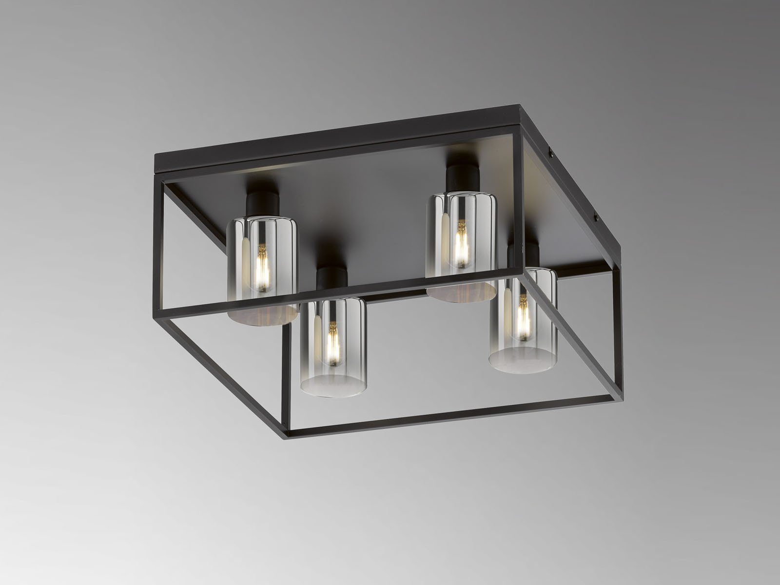 FISCHER & HONSEL LED Deckenleuchte, LED wechselbar, Warmweiß, viereckig 45x45cm Zylinder Lampenschirm mehrflammig Rauchglas Schwarz