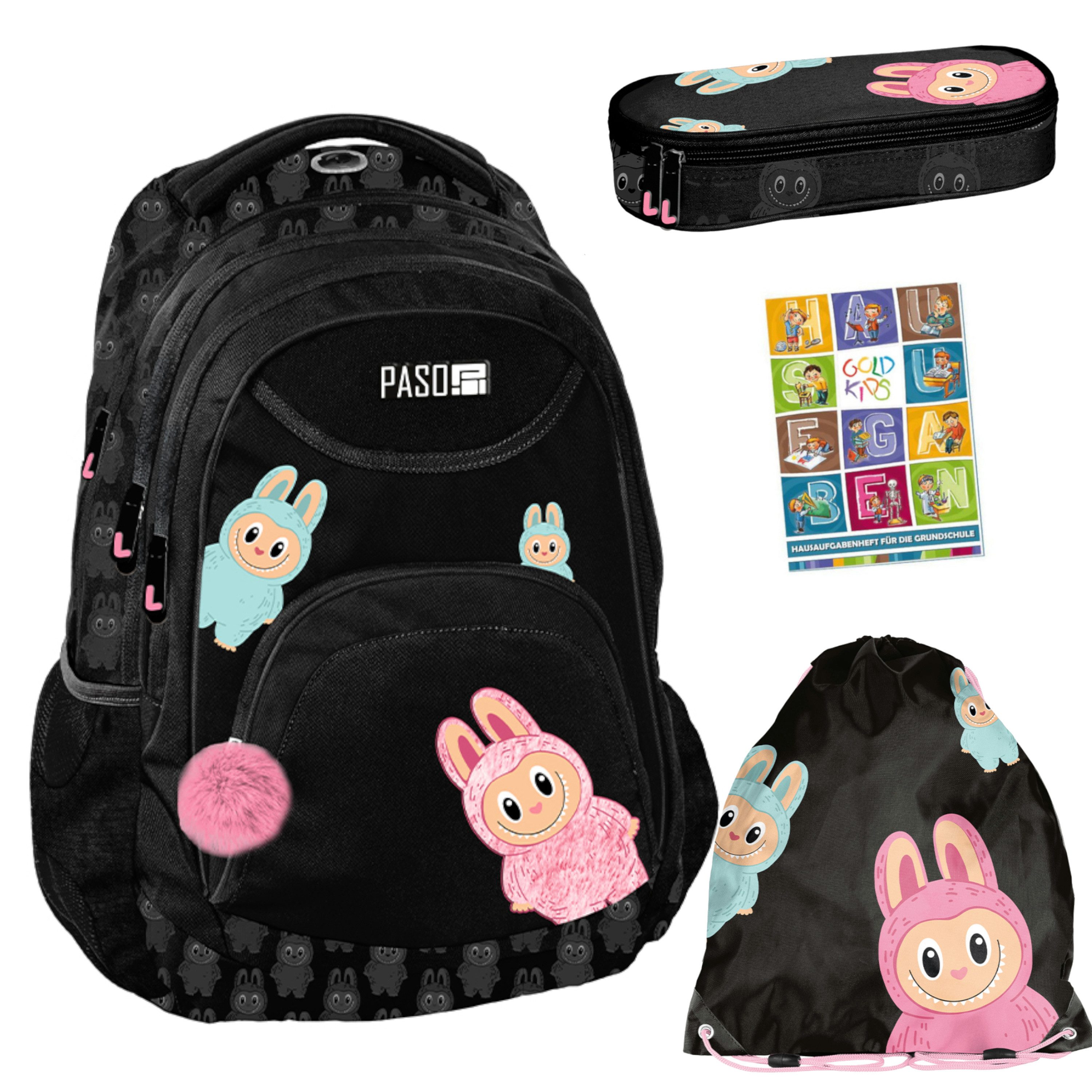 GOLDKIDS Schulranzen für Jungen und Mädchen, 4er-Set - (Schul-Rucksack für Kinder mit Federmäppchen, 1-tlg., - Schuhbeutel und Hausaufgabenhef), - Bubu Motiv- 1-3 Klasse