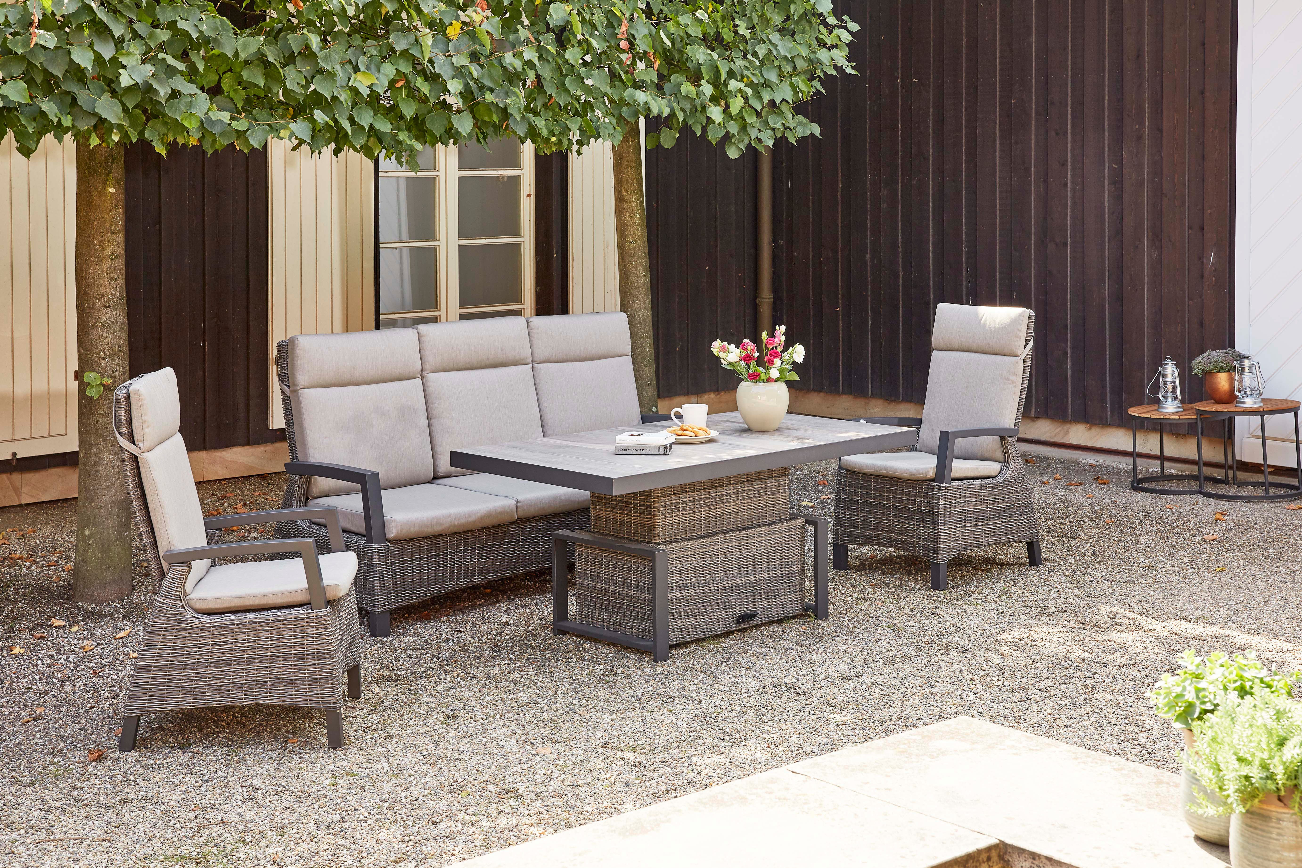 Siena Garden Gartenlounge-Bank CORIDO Lounge 3er Sofa in charcoal grey, Gestell Alu matt anthrazit, mit Sitz- u. Rückenkissen taupe meliert