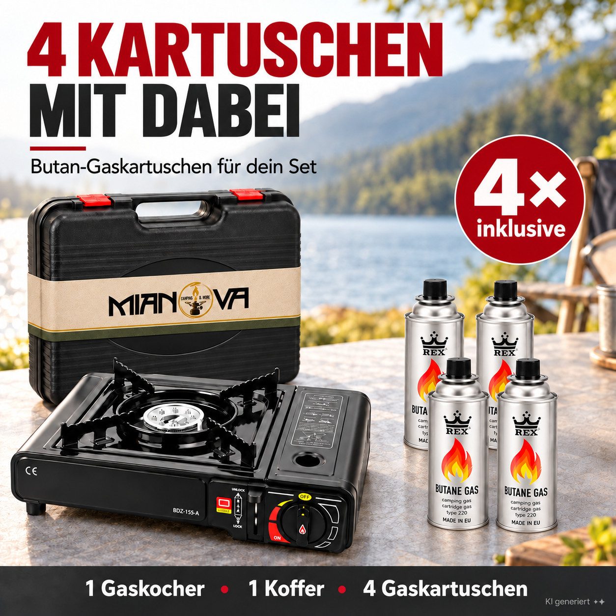 Mianova Gaskocher 1 flammig Campingkocher + 4 Gasflaschen + Koffer Gaskocher Notkocher, (Mit Gaskartuschen Barbecue Campingherd Stromausfall Notkocher Herd Tisc – Bild 3 von 5