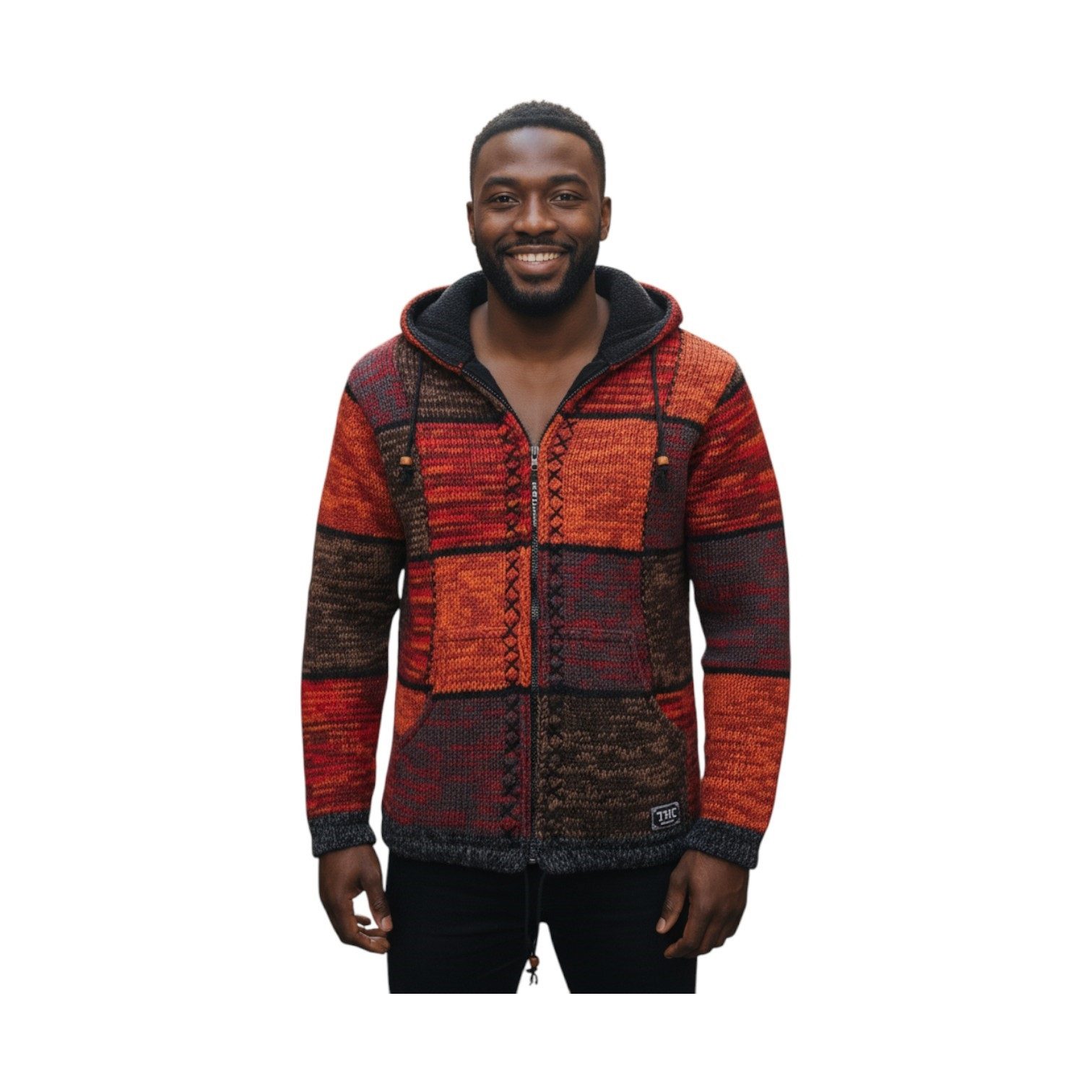 THC Natural Line Strickjacke THC Strickjacke 815 rote Quadrate (1 Stück, 1-tlg., 1 Stück) Strickjacke mit abnehmbarer Kapuze