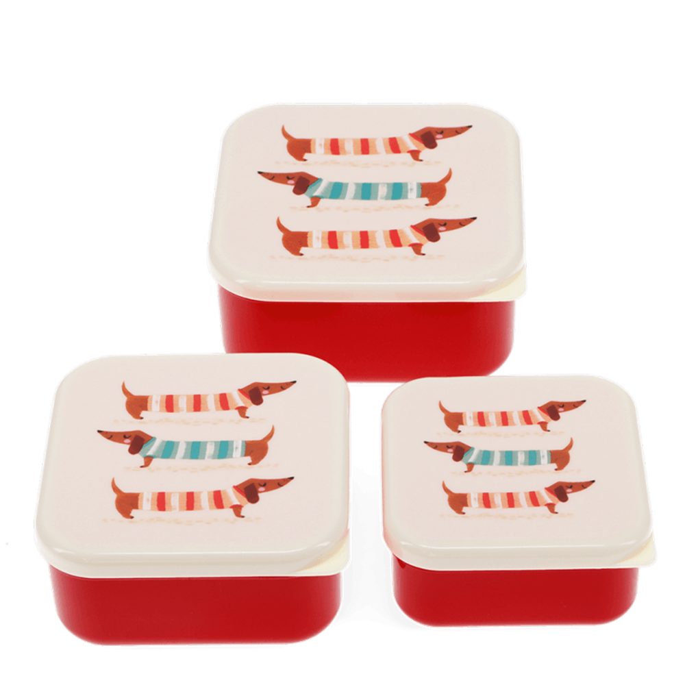 Rex London Lunchbox Snack Box Dackel-Motiv 3er-Set Sausage Dog, Kunststoff, BPA-frei, (Set, 3-tlg., ca. 11,5 x 11,5 x 5,5 cm (große Box), jede Box mit eigenem Design, passt genau in den größeren Behälter