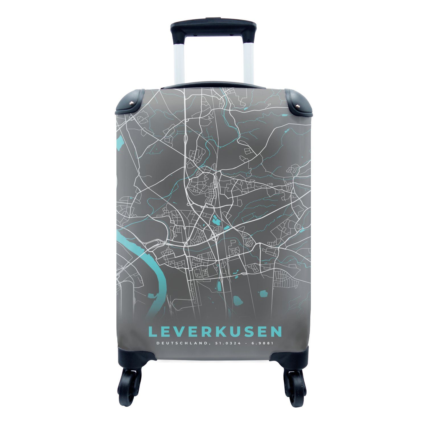 MuchoWow Handgepäckkoffer Stadtplan - Karte - Leverkusen - Blau - Deutschland - Karte, 4 Rollen, Reisetasche mit rollen, Handgepäck für Ferien, Trolley, Reisekoffer