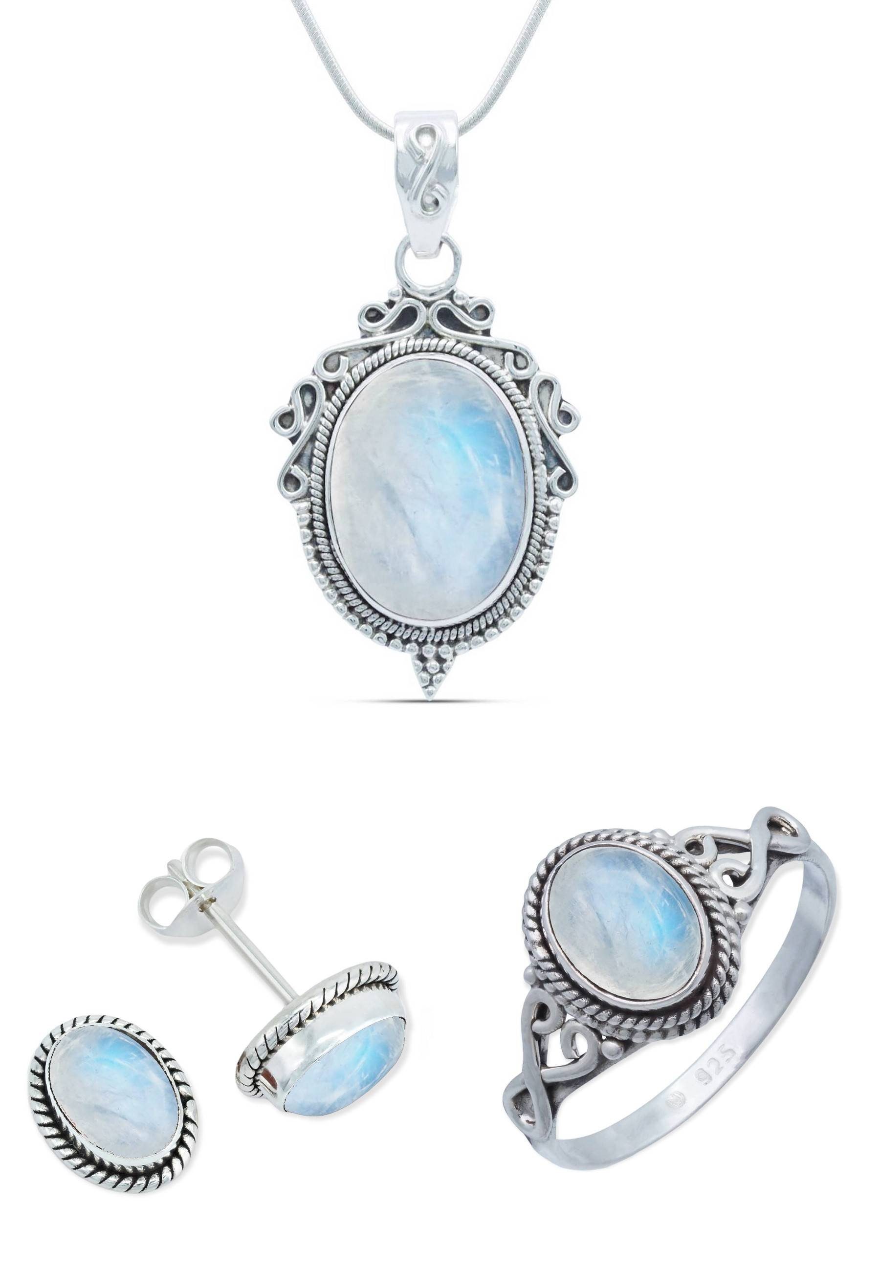 mantraroma Schmuckset 925er Silber mit Regenbogen Mondstein (Schmuckset aus 925 Silber)