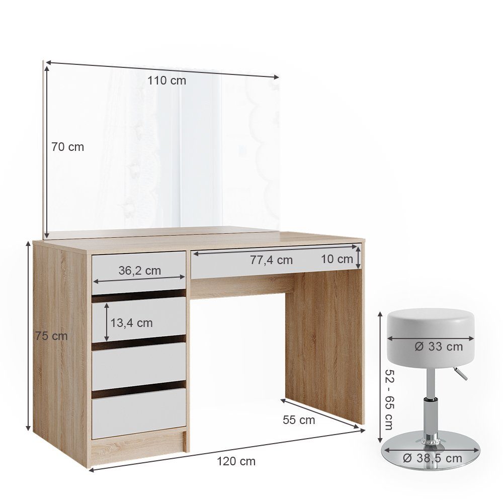 Vicco Schminktisch Sherry, Sonoma/Weiß, 120 cm mit Hocker (3-St)