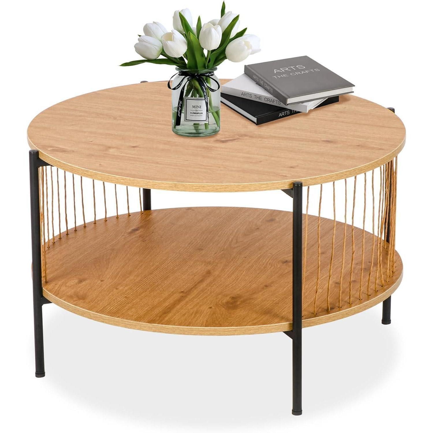 LuxusKollektion Couchtisch Couchtisch Rund Holz mit gewebten Papierquasten und Metallrahmen