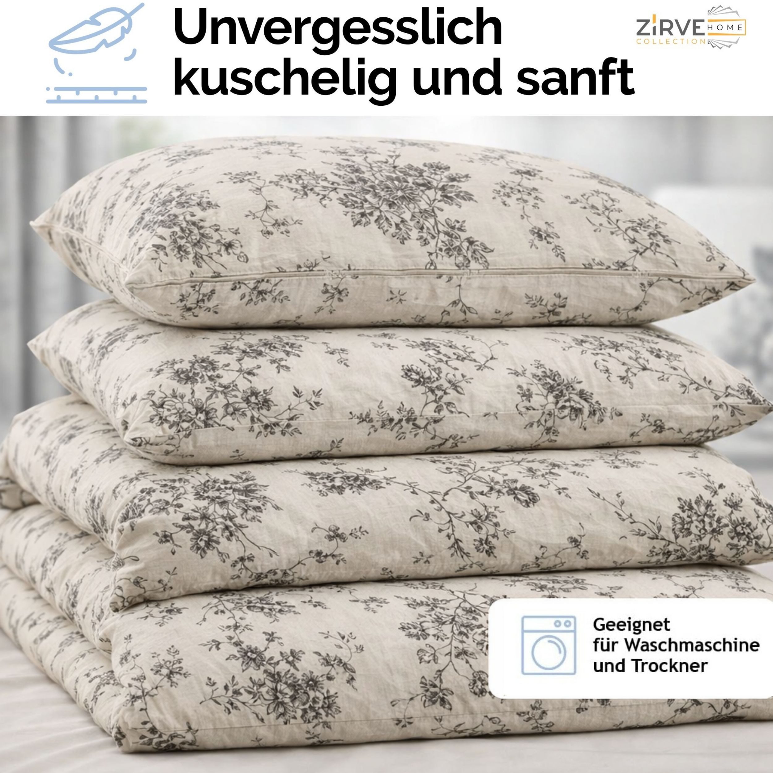 ZIRVEHOME Bettwäsche Baumwolle Bettwäsche-Set Beige Bettbezug Schwarz geblümt Evla V1, Renforce, 3 teilig, Baumwolle Bettbezug Beige mit Blumenmuster in Schwarz – Bild 4 von 5