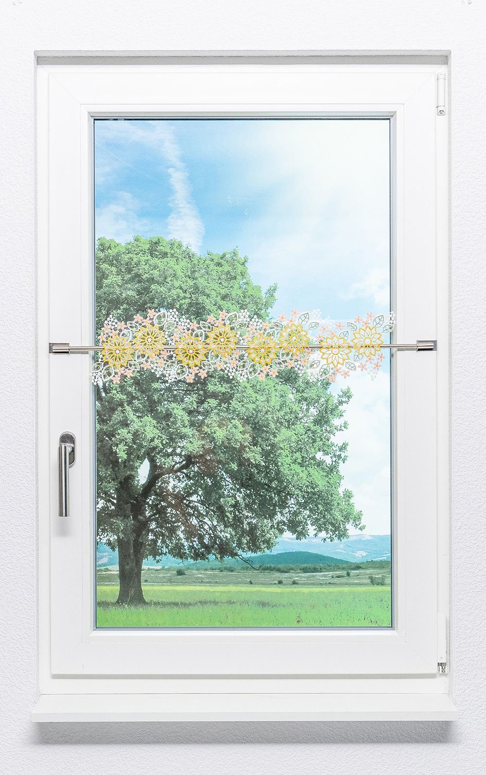St), transparent, (1 14x42cm Spitze®, Blumenbordüre, Plauener Scheibengardine HxB