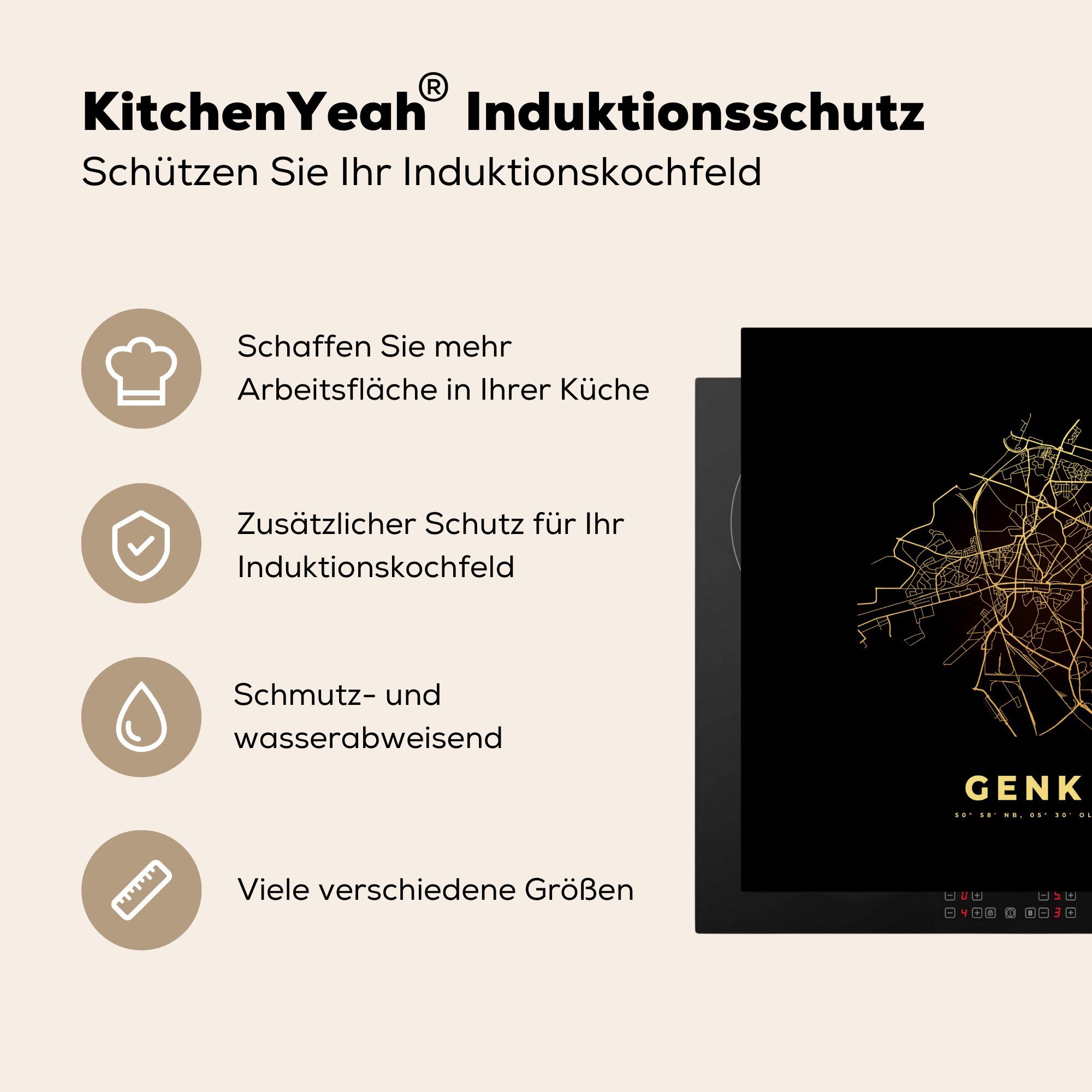 MuchoWow Herdblende-/Abdeckplatte Genk küche cm, Arbeitsplatte (1 Vinyl, - Ceranfeldabdeckung, - für Karte - Stadtplan, 78x78 Gold tlg), Belgien 