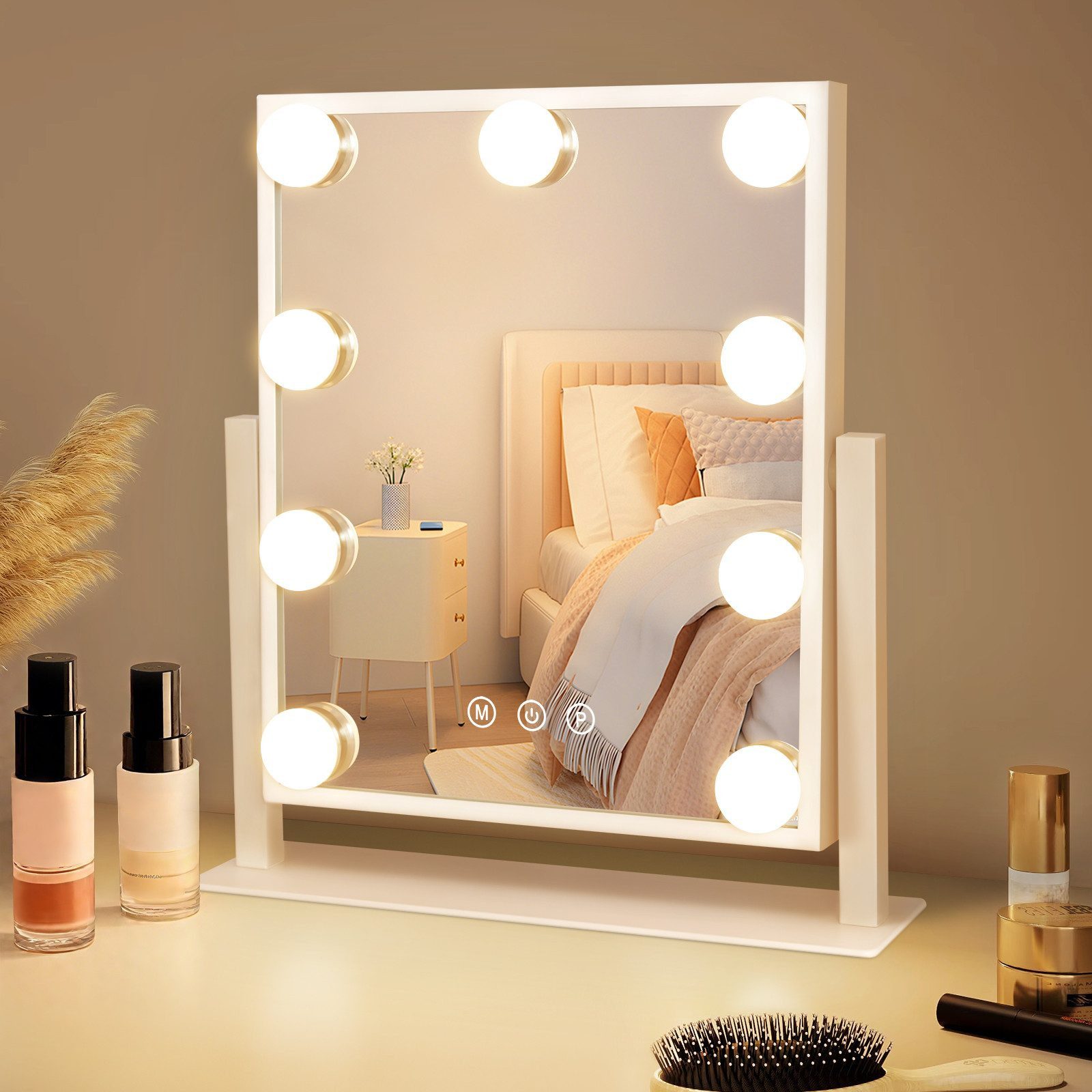 ZMH Schminkspiegel mit Beleuchtung, LED Kosmetikspiegel 3 Lichtfarben,Tischspiegel (dimmbar, Touch, Memory-Funktion), Kosmetikspiegel 25x30cm LED Touch 5X Lupe Geschenk