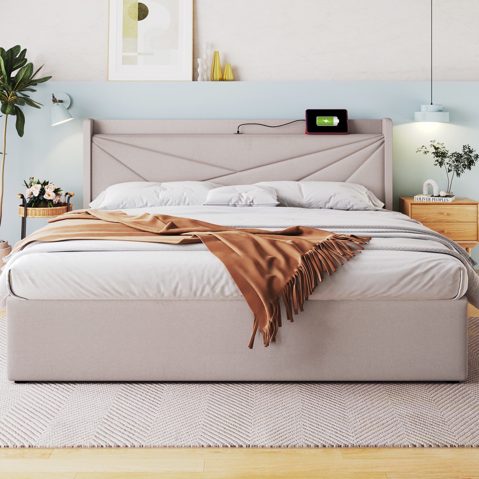TavilaEcon Boxspringbett mit Bettkasten und USB Typ C, Größe wählbar von 140 bis 180 ×200 cm, 140x200cm, aus Leinenmaterial, Beige, mit Matratze – Bild 3 von 5
