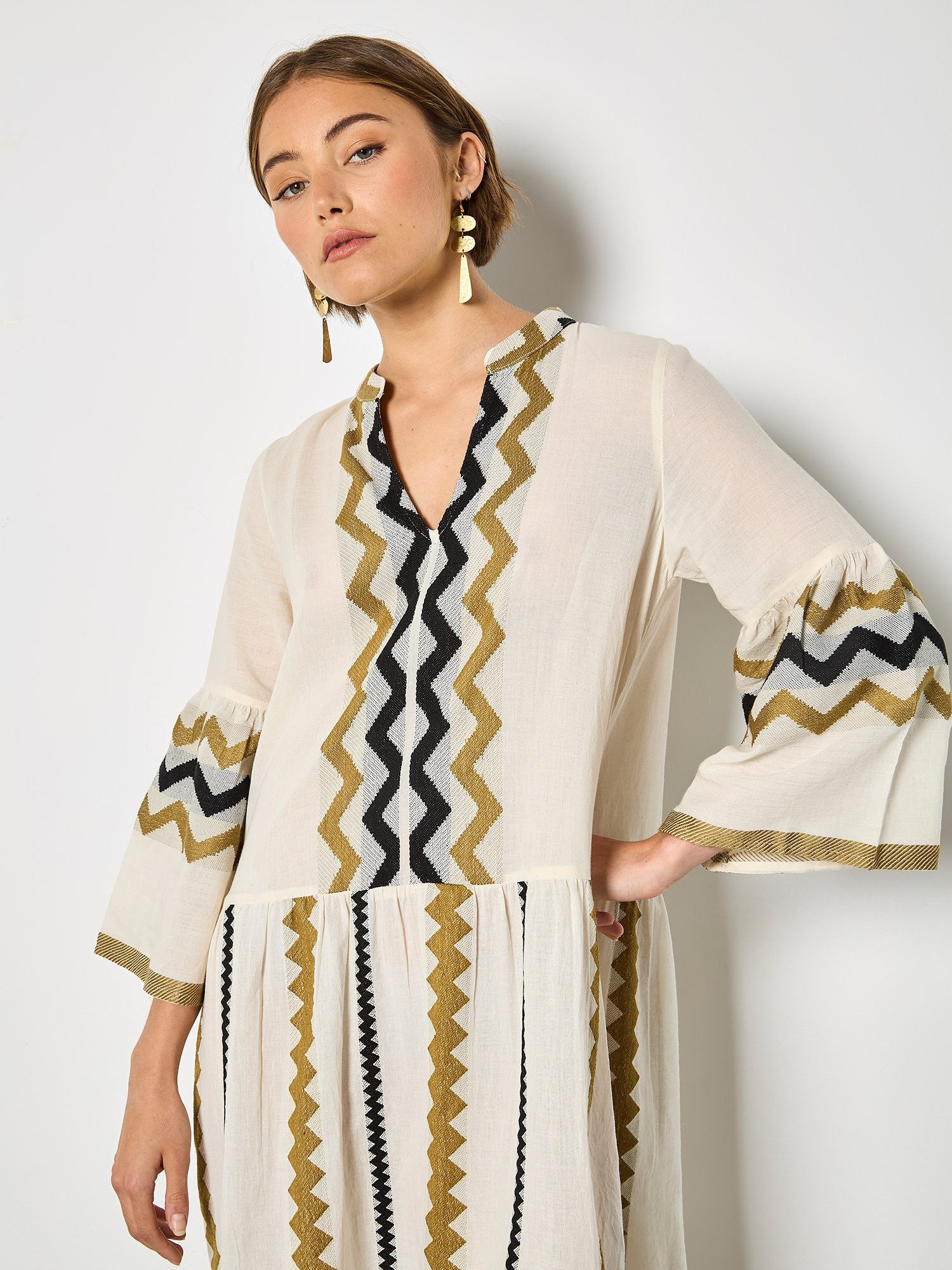 Apricot Druckkleid Tunika-Kleid mit Chevron-Muster