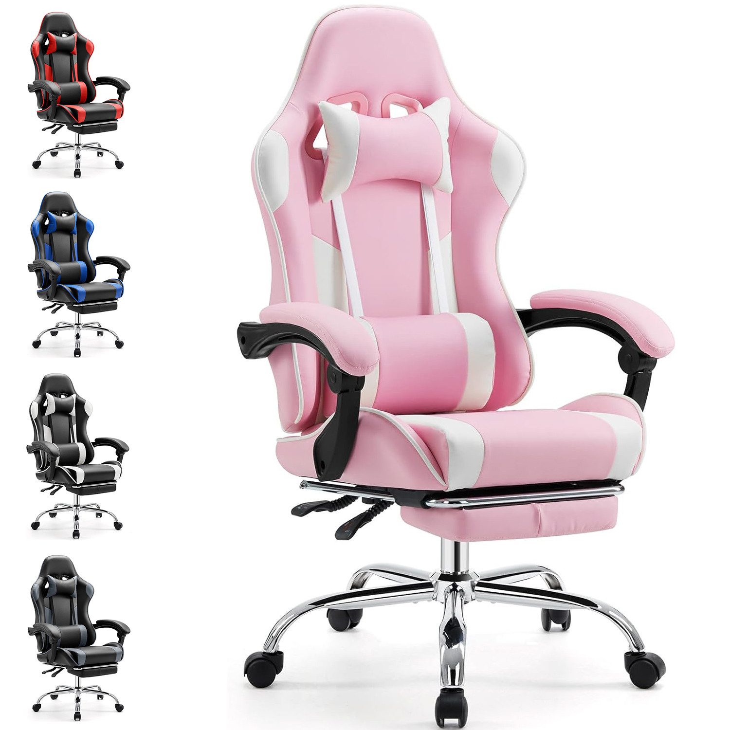 DUMOS Gaming-Stuhl Ergonomischer Bürostuhl mit Fußstütze, PU-Leder E-Sportstuhl, Gepolstert mit verstellbare Lendenkissen, Kopfkissen und Armlehnen