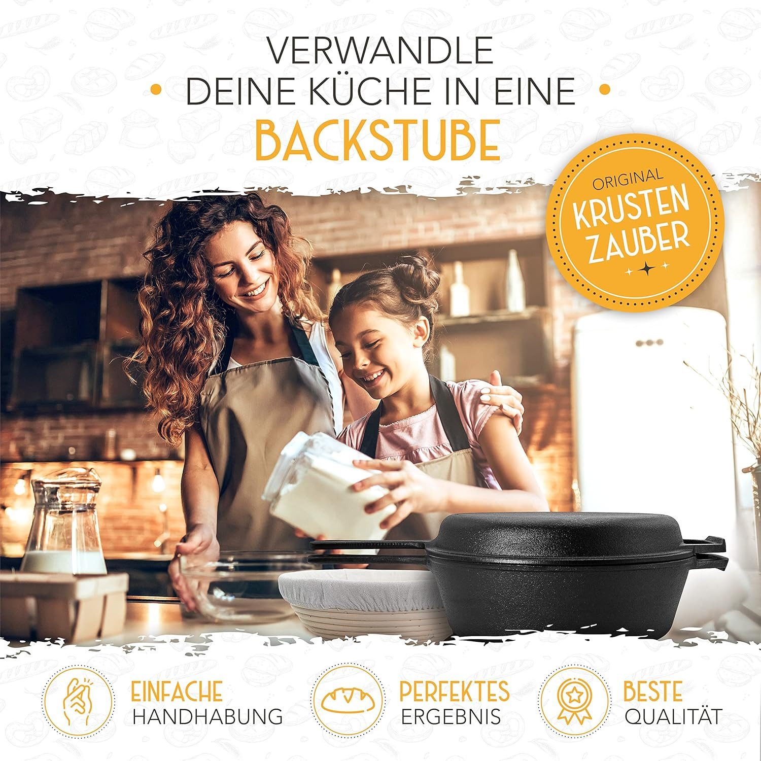 Krustenzauber Brotbackform 26cm Gusseisen Topf Brot Backen inkl. Gärkorb, (Robuster Brottopf mit Deckel - Idealer Brotbacktopf), Brotbackset Gusseisentopf Brotbacken, Brot Backen Zubehör, Brotform