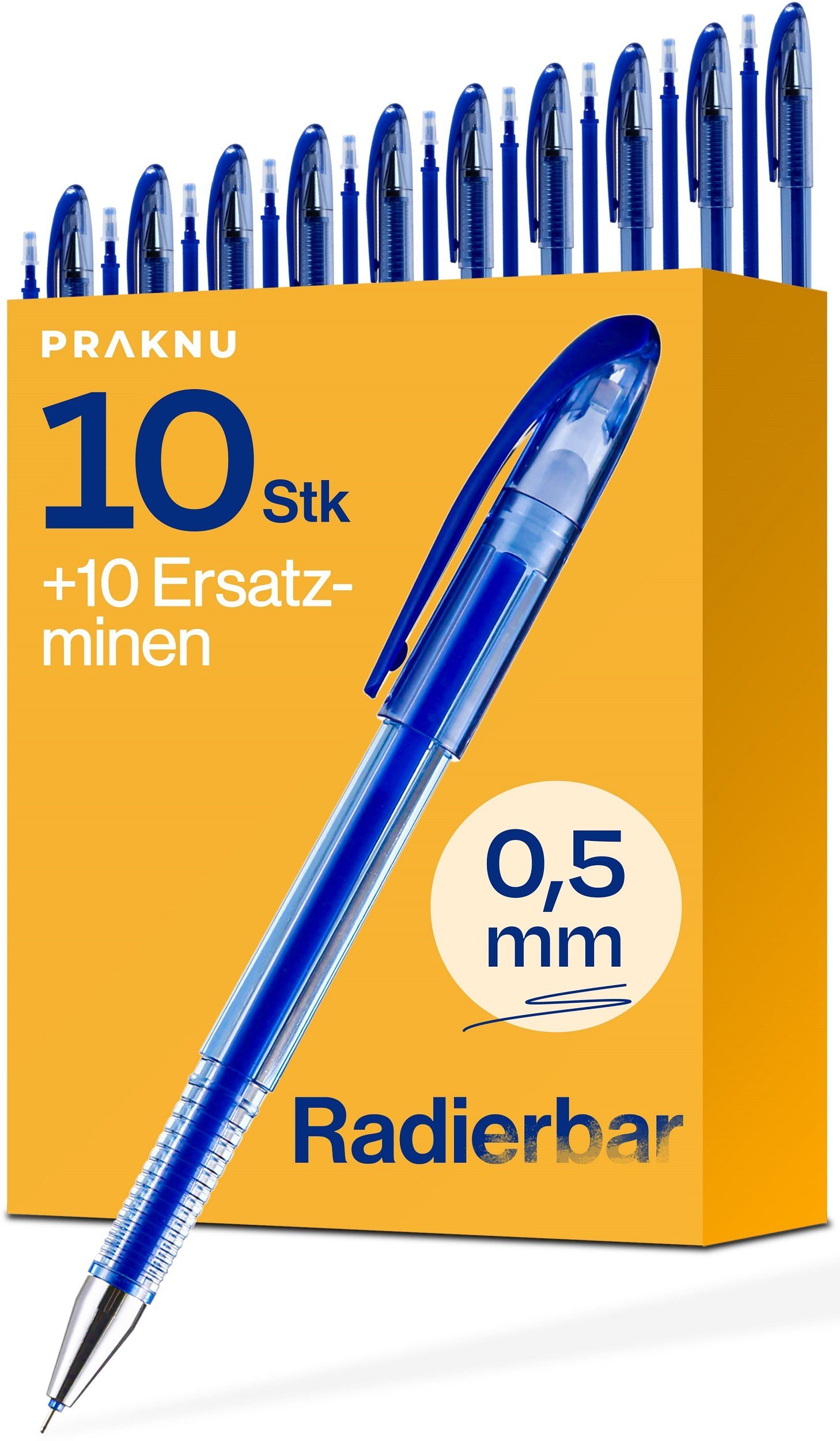 Praknu Kugelschreiber 10 radierbare Kugelschreiber Blau, (Set, 10-tlg), Mit 10 Ersatzminen - Leicht Löschbar - Mit Clip