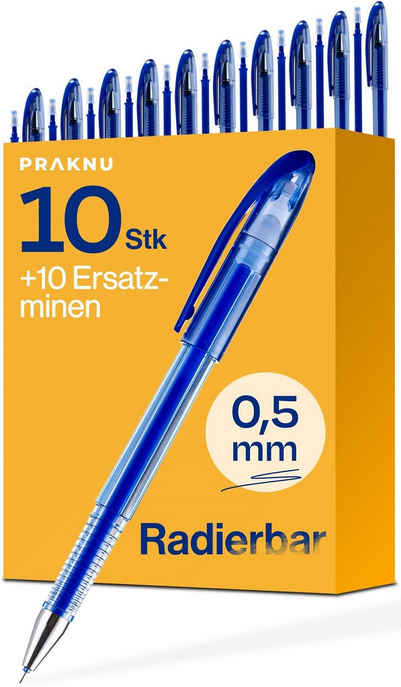 Praknu Kugelschreiber »10 radierbare Kugelschreiber Blau«, (Set, 10-tlg., 10 Stifte + 10 Ersatzmienen), Mit 10 Ersatzminen - Leicht Löschbar - Mit Clip