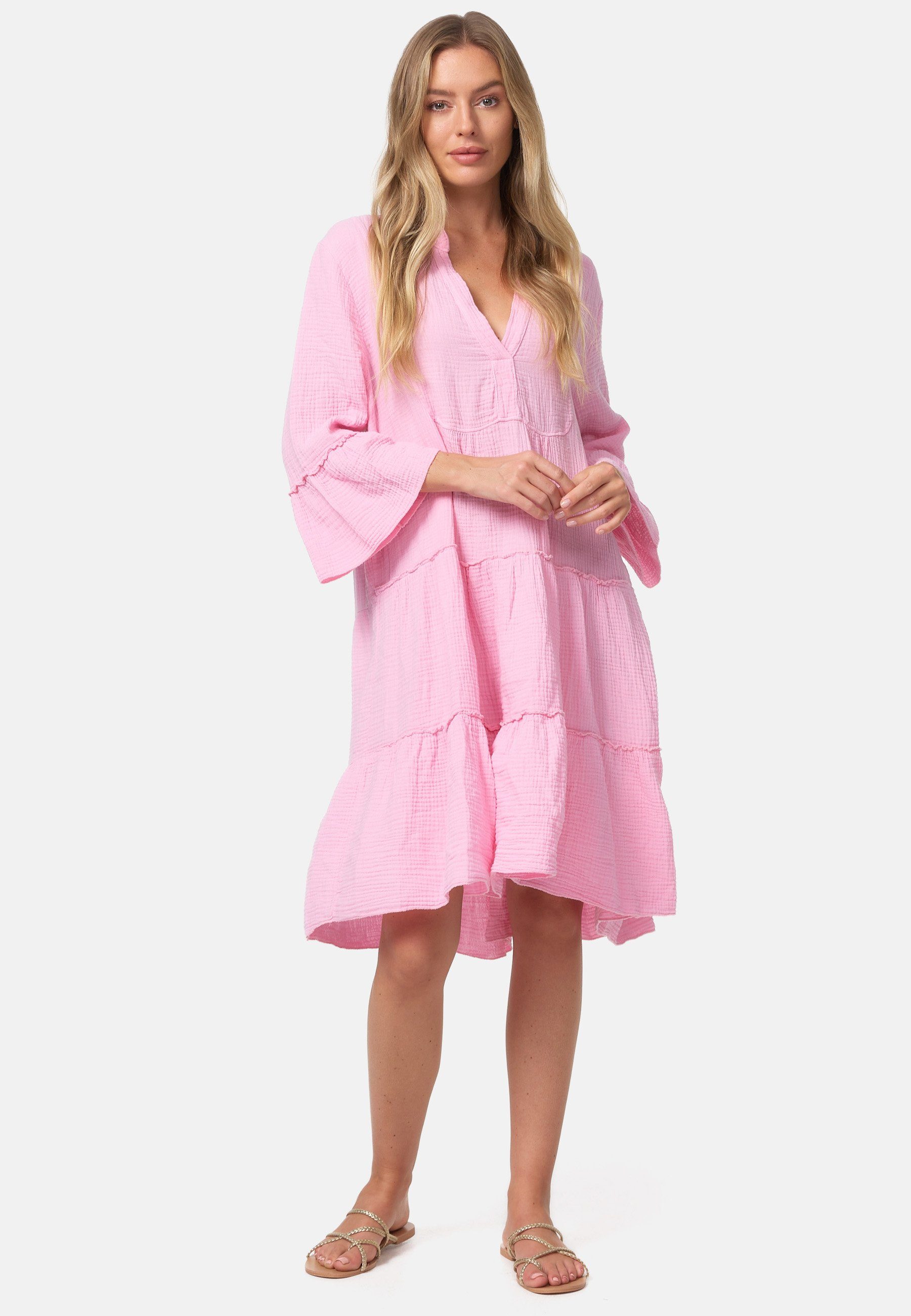 Rayshyne Sommerkleid PM39 (Leichtes Sommer Minikleid aus Musselin mit Rüschen) Musselin, Baumwolle, Rüschen, 3/4 Ärmel, Oversize