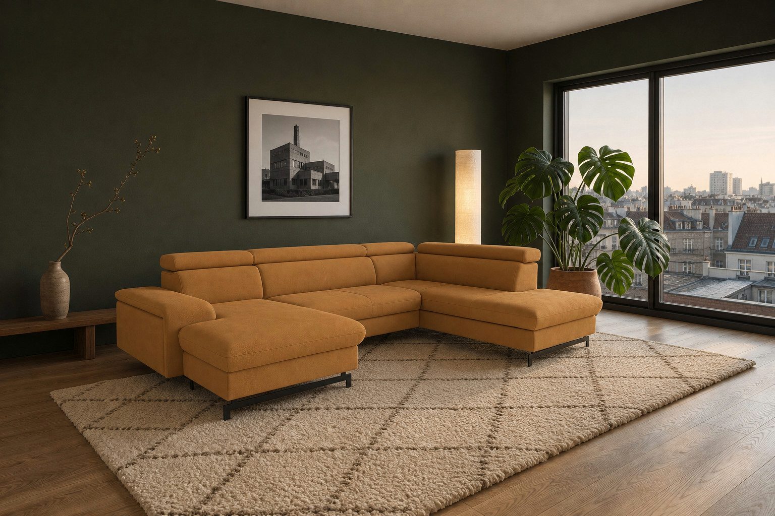foamnova Wohnlandschaft Vaasa, B 328 cm, Recamiere und Ottomane inklusive, komfortabel, für 6 Personen, klappbare Kopfstützen, elegante, schwarze Metallkufen