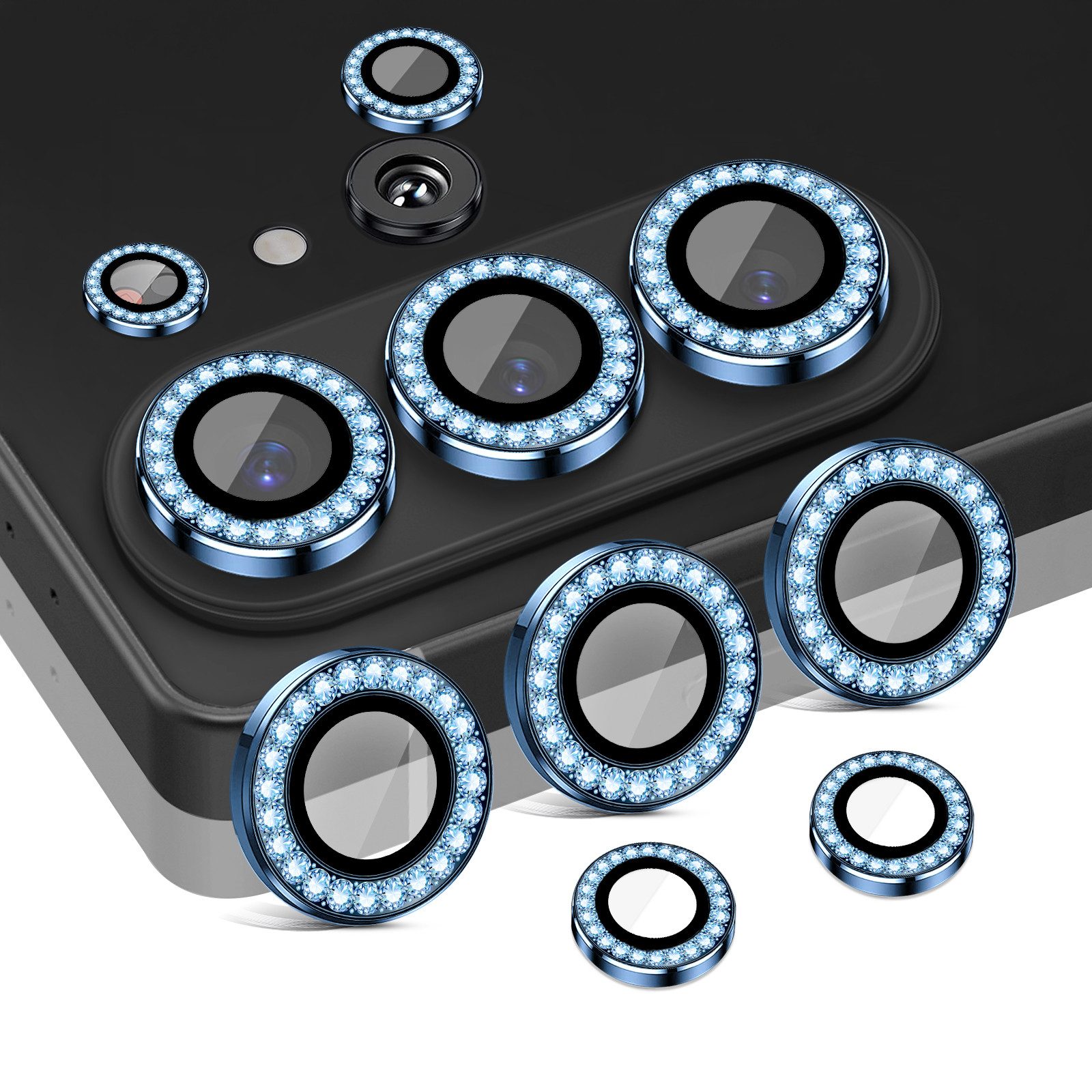 Tec-Expert Kameraschutzglas 9H Glas Set Titan-Blau mit Schmuckstein für Samsung Galaxy S26 Ultra für Samsung Galaxy S26 Ultra, Linsenschutzglas Set, 1 Stück, Kameraschutz, Schutzglas, Linsenschutz, kratz- & stoßfest