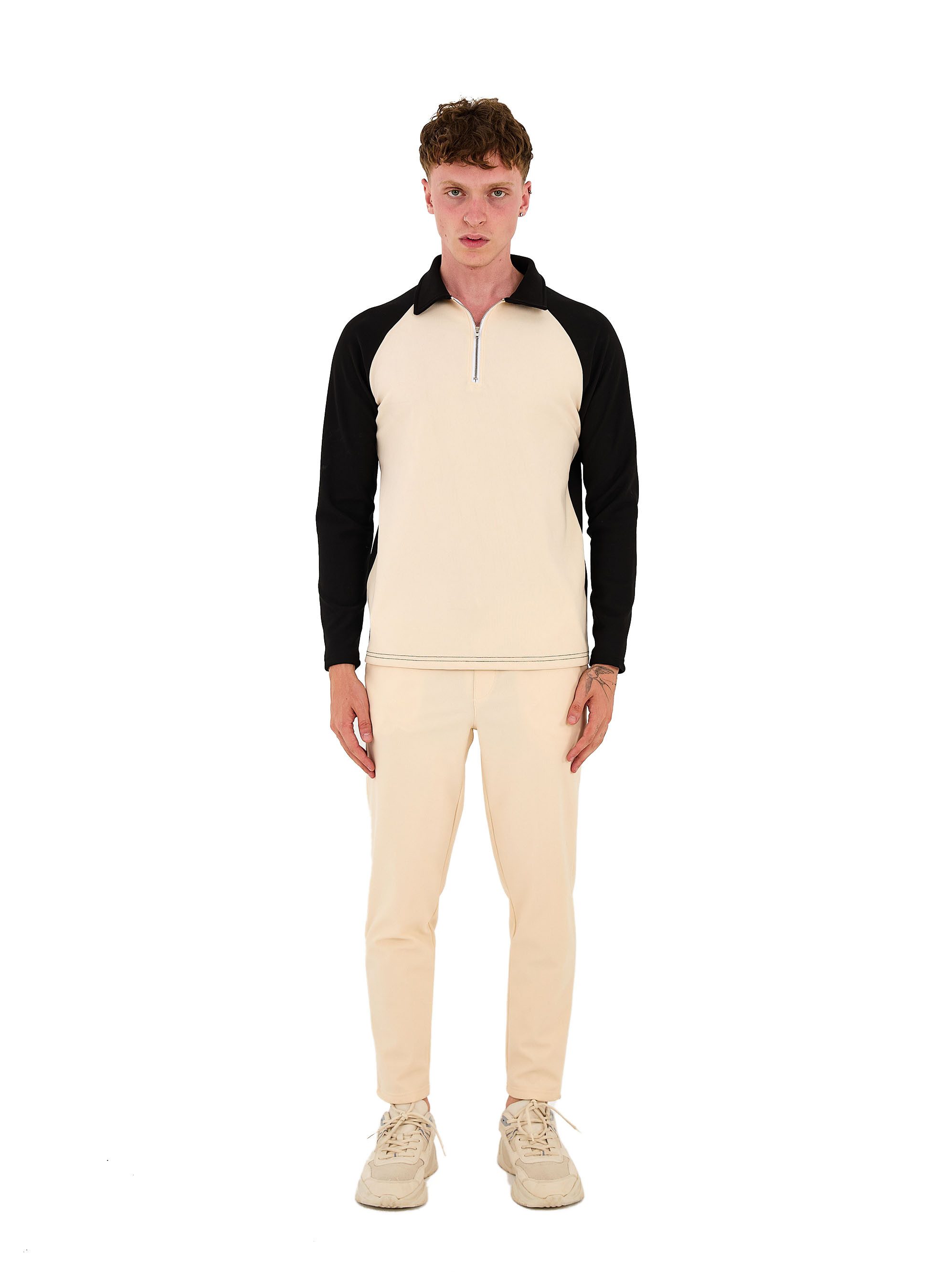 Denim Distriqt Trainingsanzug Zweifarbiger Freizeit- Trainingsanzug mit Polokragen Beige S (2-tlg., Obertiel + Hose)