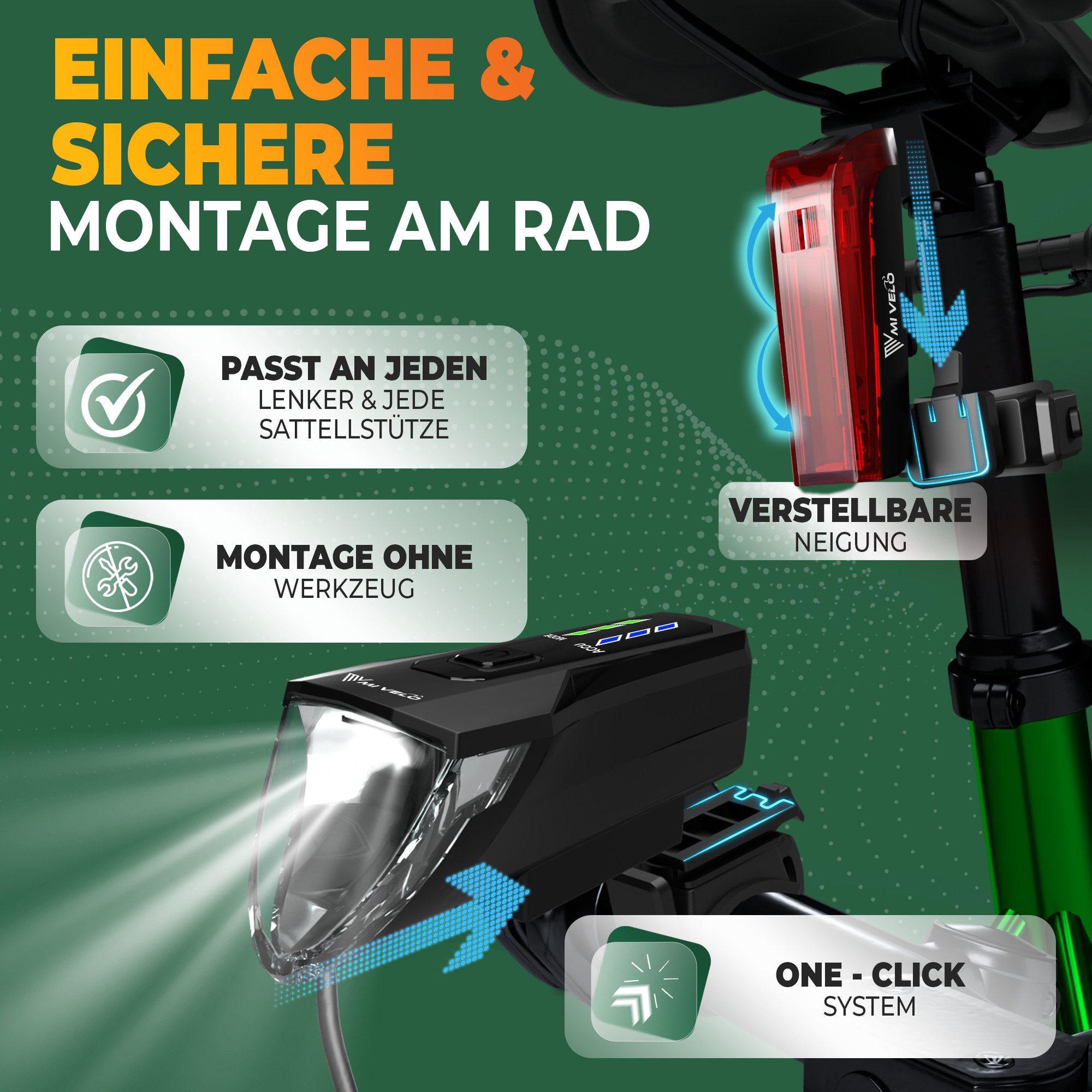 MIVELO Fahrradbeleuchtung LUMIX Fahrradlicht LED Set 70 LUX - Akku USB aufladbar wasserdicht, OSRAM LED