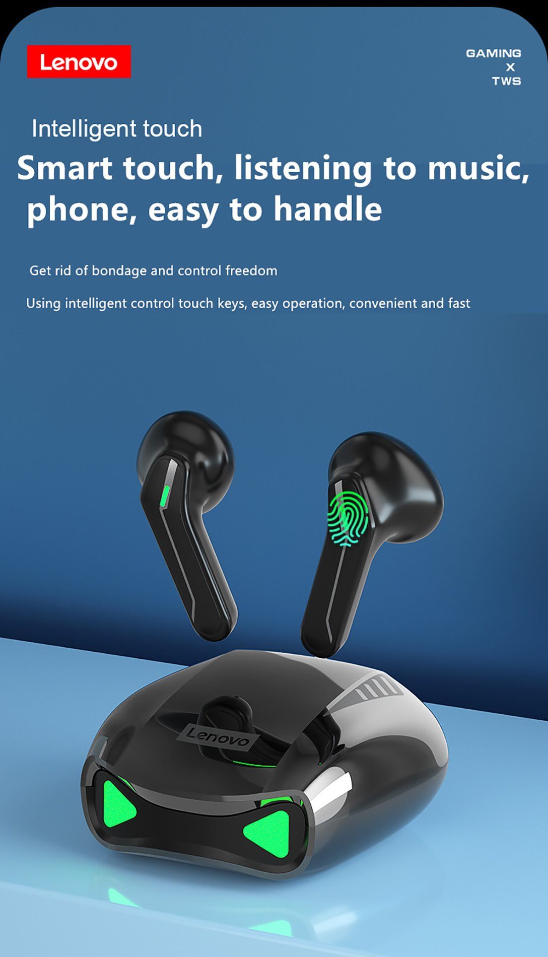 Lenovo XT85 mit Touch-Steuerung Bluetooth-Kopfhörer Stereo-Ohrhörer Siri, mAh - Google Bluetooth 5.0, Schwarz) Kopfhörer-Ladehülle Wireless, (True 300 Assistant, mit kabellos