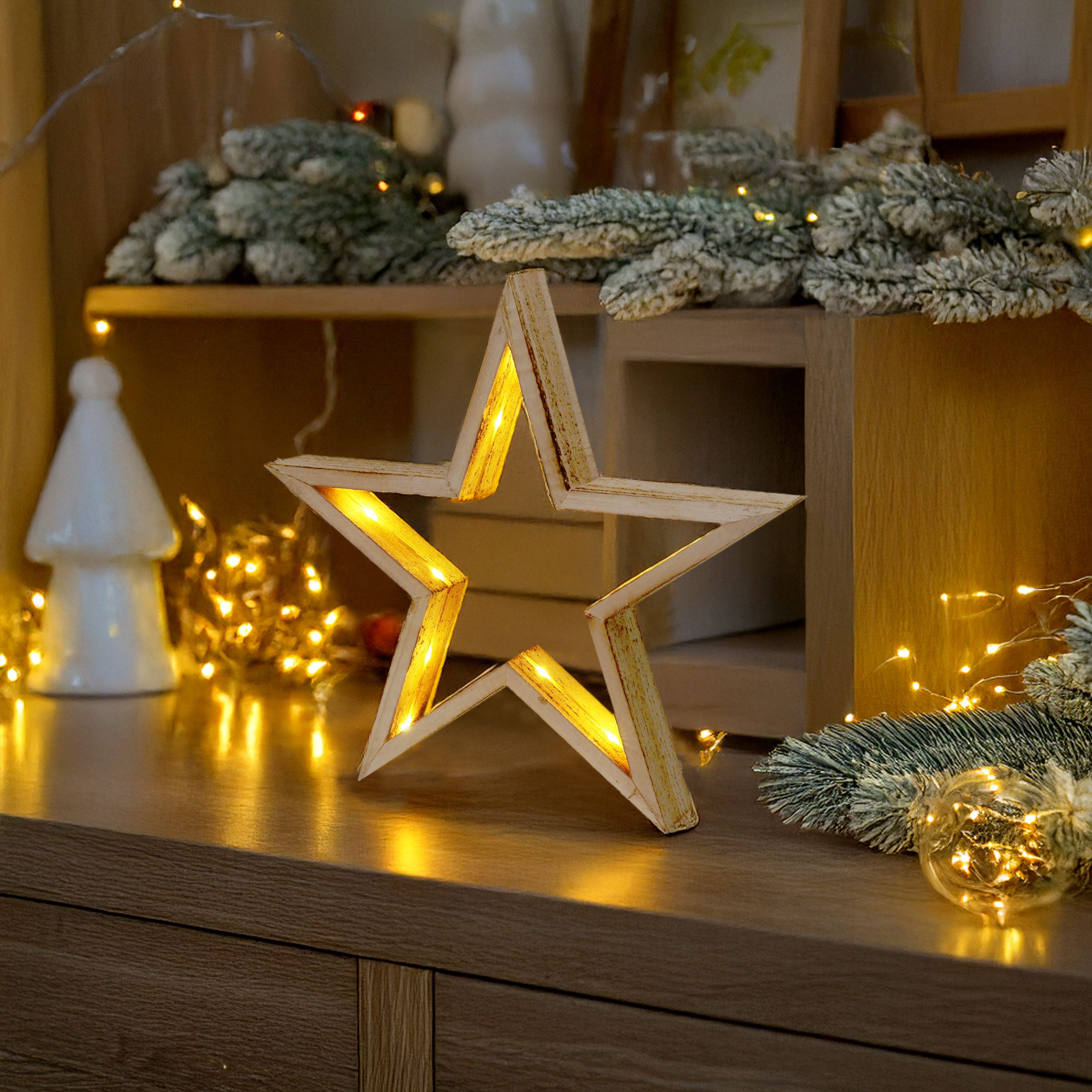 Spetebo LED Dekofigur Stern aus Holz, Batterie betrieben, LED fest integriert, warm weiß, mit Timer Funktion – Bild 4 von 4