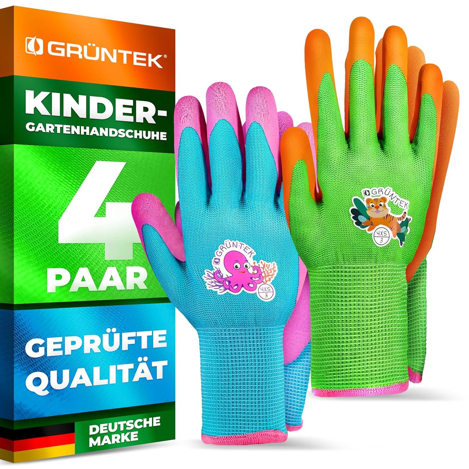 GRÜNTEK Gartenhandschuhe Kinder-Sicherheitsgartenhandschuhe, rutschfeste Latexbeschichtung (Set, 8-St., 4 Paar Größe XXXS / 4) bunt, geprüft und zertifiziert nach EN 420 & EN 388