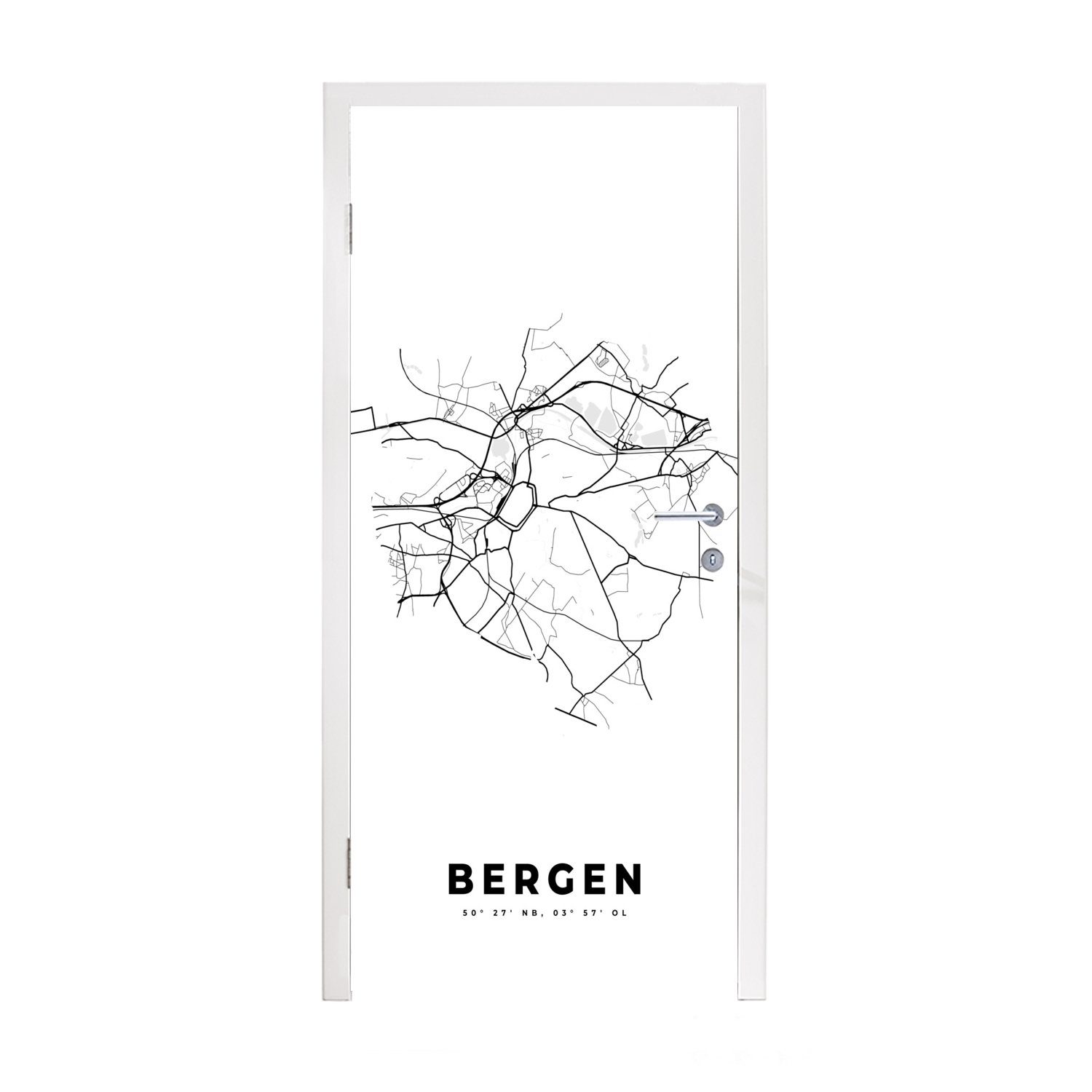 MuchoWow Türtapete Karte - Stadtplan - Mons - Belgien - Schwarz und weiß, Matt, bedruckt, (1 St), Fototapete für Tür, Türaufkleber, 75x205 cm