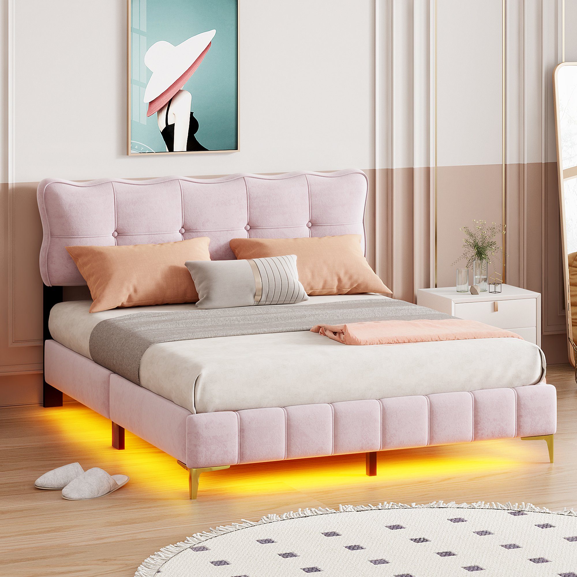 Polsterbett, LED Doppelbett mit gepolstertem Kopf- & Fußteil, Samtstoff, 160x200cm