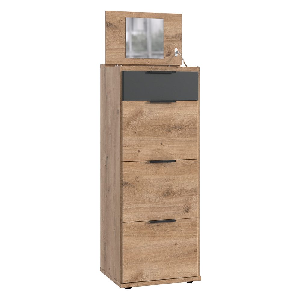 Lomadox Kommode TULUM-43, Eiche Nb., graphit, 4 Schubladen, 1 aufklappbarer Oberboden, Spiegel