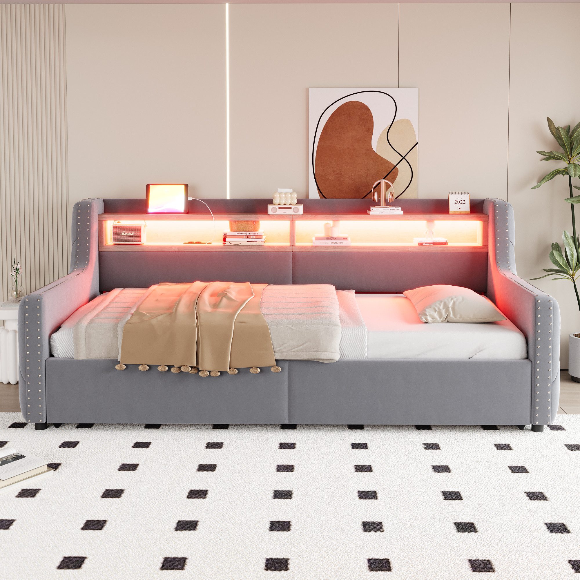 Odikalo Schlafsofa Schlafcouch 90x200 mit Bettkasten & LED, Polsterbett Sch günstig online kaufen