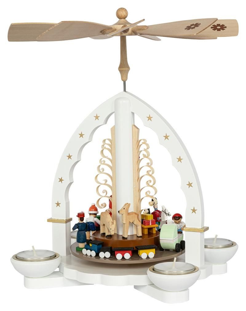 Erzgebirgische Volkskunst Richard Glässer GmbH Weihnachtspyramide Pyramide Bescherung weiß für Teelichte und Kerzen Höhe 27cm NEU