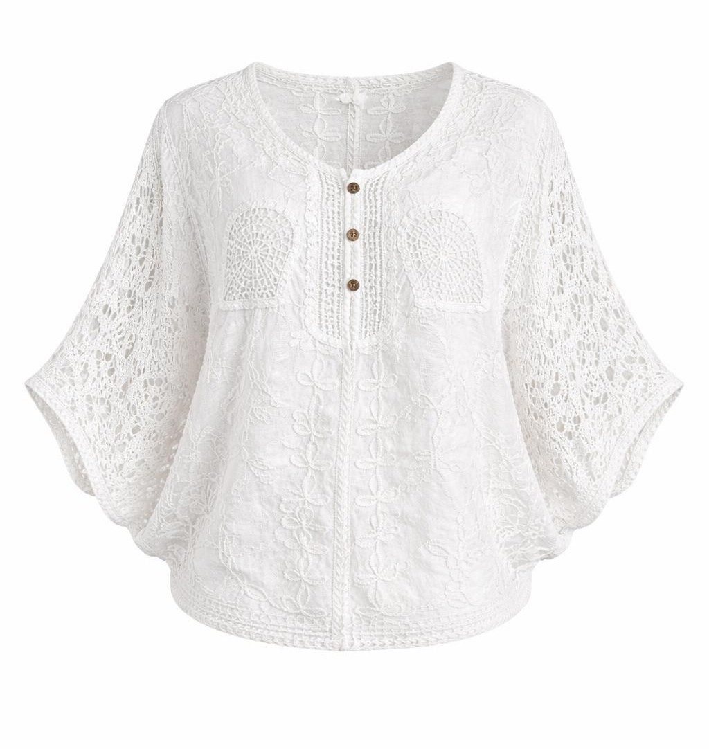 Mississhop Schlupfbluse Damen Bluse Lochstickerei Baumwolle Sommer Tunika S/M Atr.38046