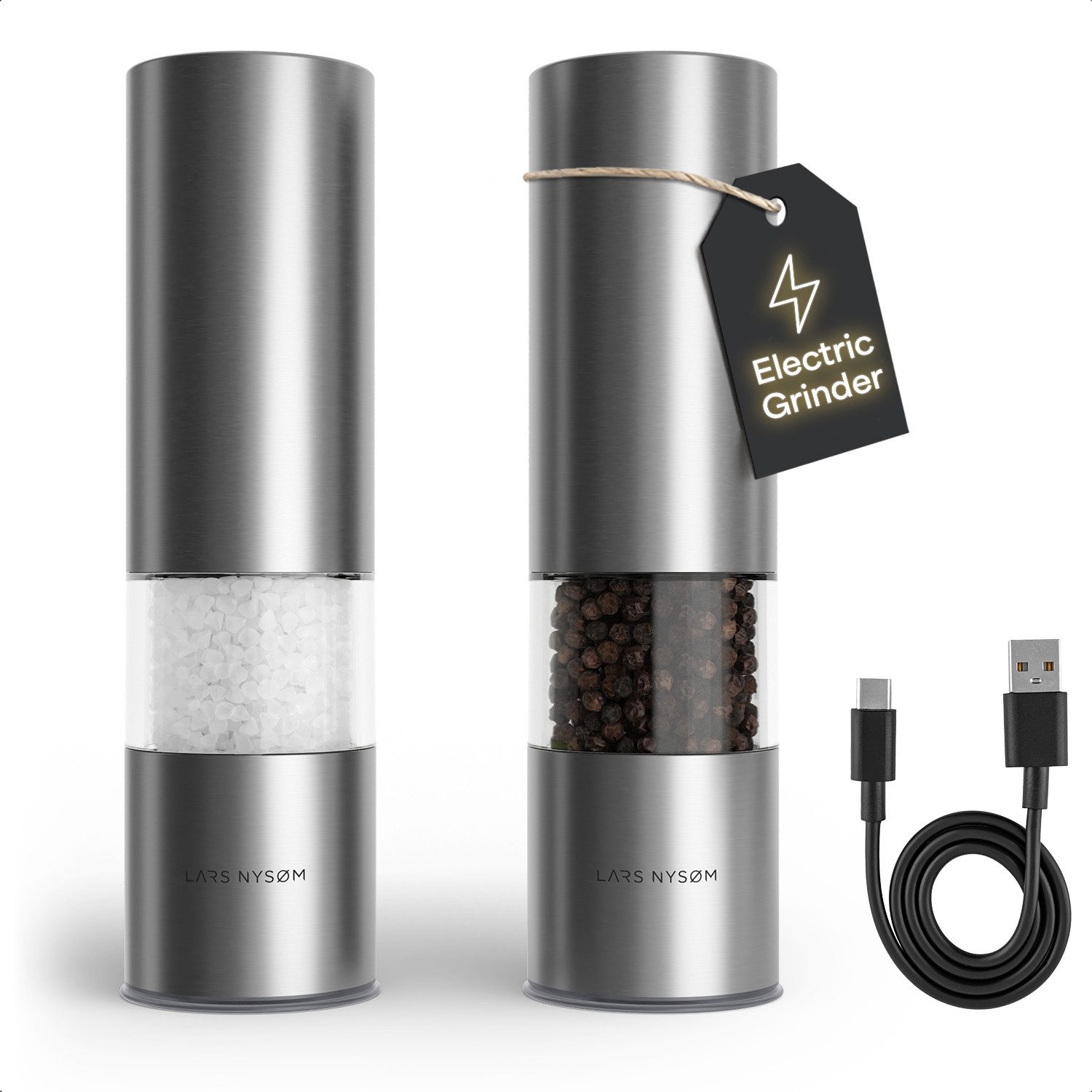 LARS NYSØM Gewürzmühle Stød praktische Einhandbedienung per Drucktaste, (2 Stück), elektrische Salz- & Pfeffermühle mit eingebautem LED-Licht