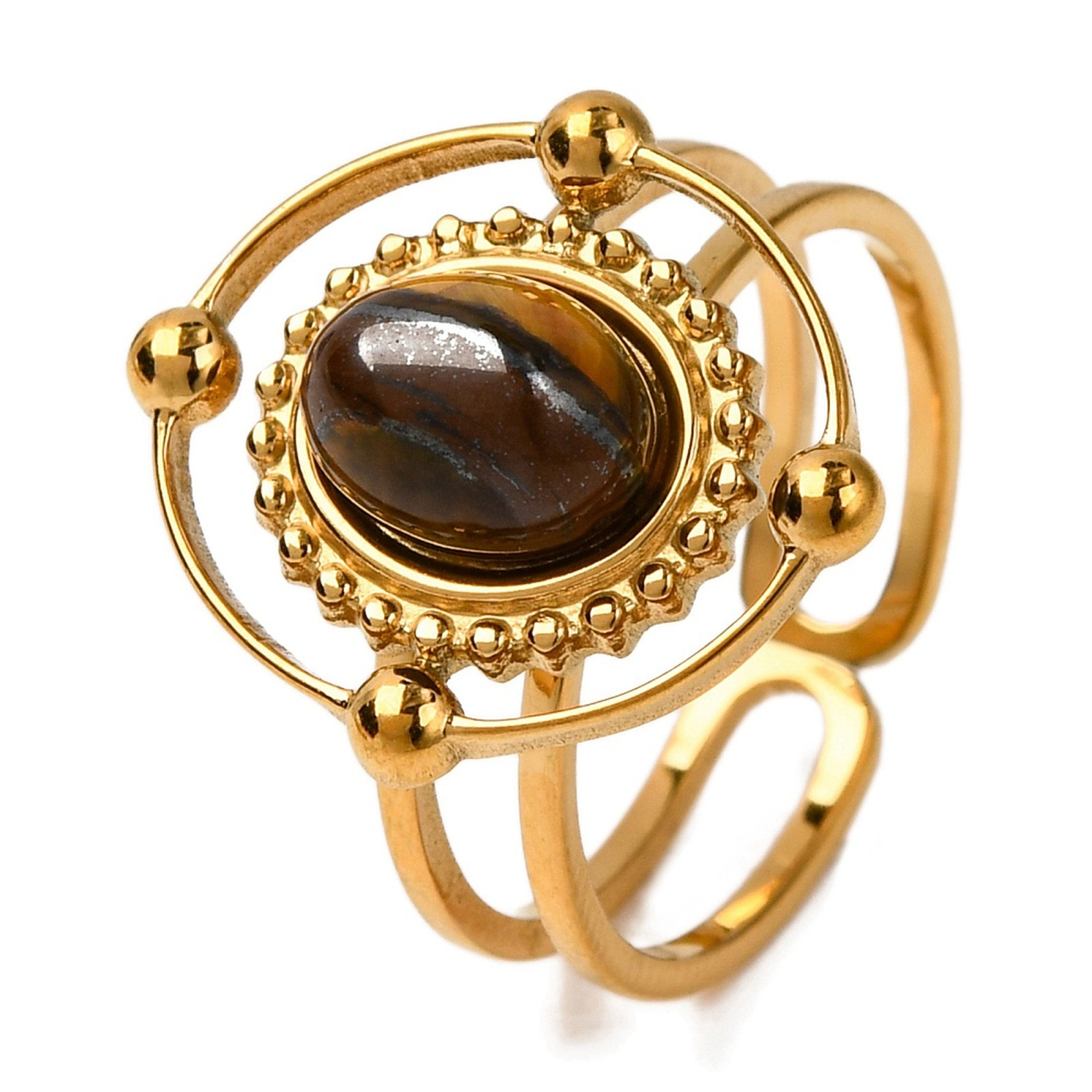 Lebensquelle Plus Fingerring Tigerauge Ring oval, Edelstahl goldfarben, offen