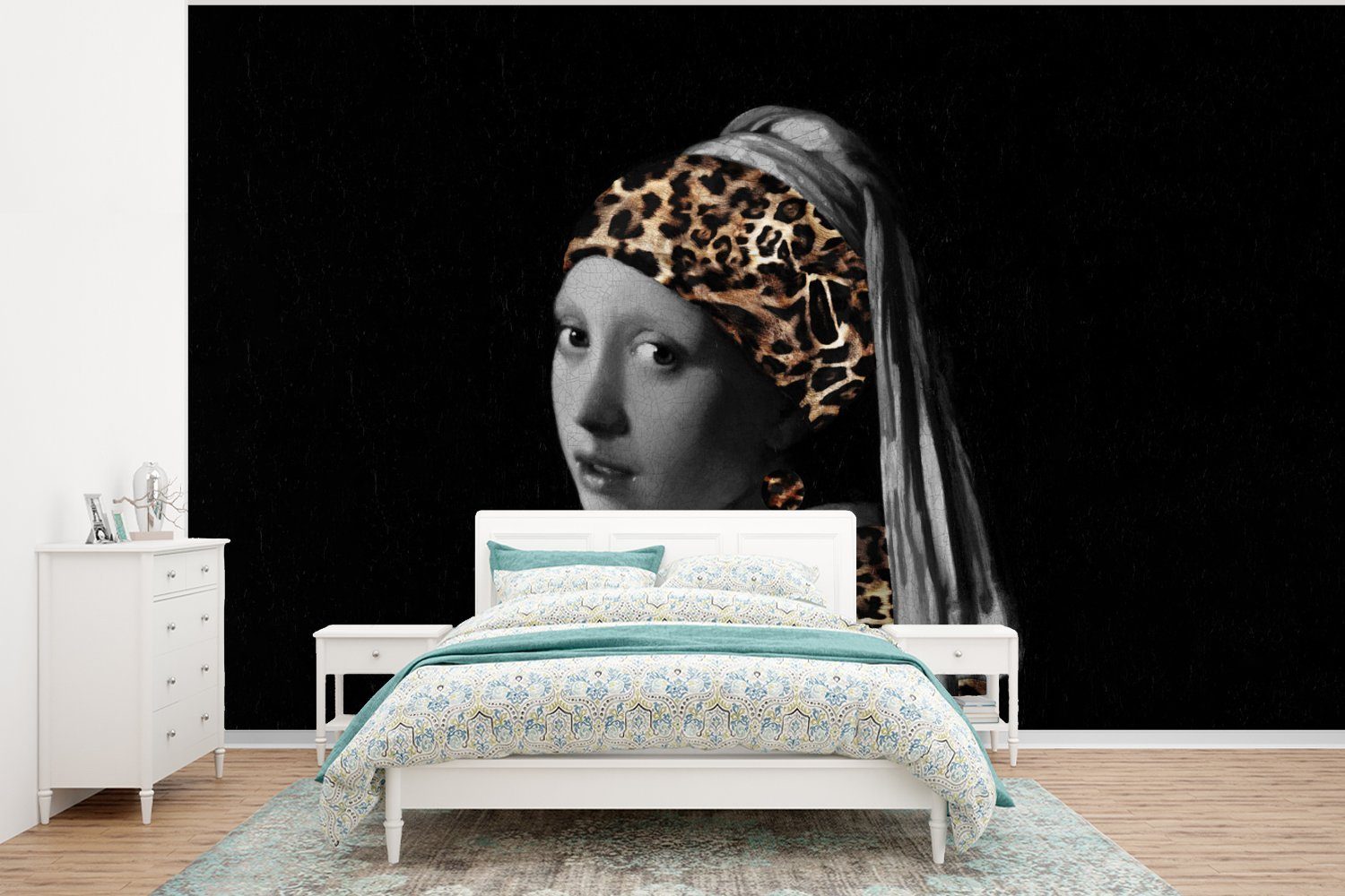 MuchoWow Fototapete Gemälde - Mädchen mit Perlenohrring - Panther, Matt, bedruckt, (6 St), Wallpaper für Wohnzimmer, Schlafzimmer, Kinderzimmer, Vinyl Tapete