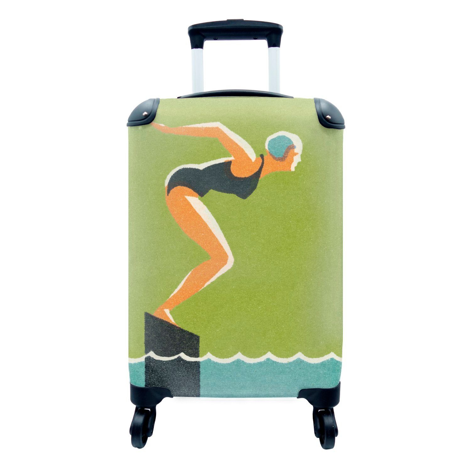 um Handgepäckkoffer die 4 Trolley, MuchoWow von Illustration Balken Reisetasche Eine rollen, einer springt, für zu, Ferien, Handgepäck Reisekoffer mit einem Frau, Rollen,