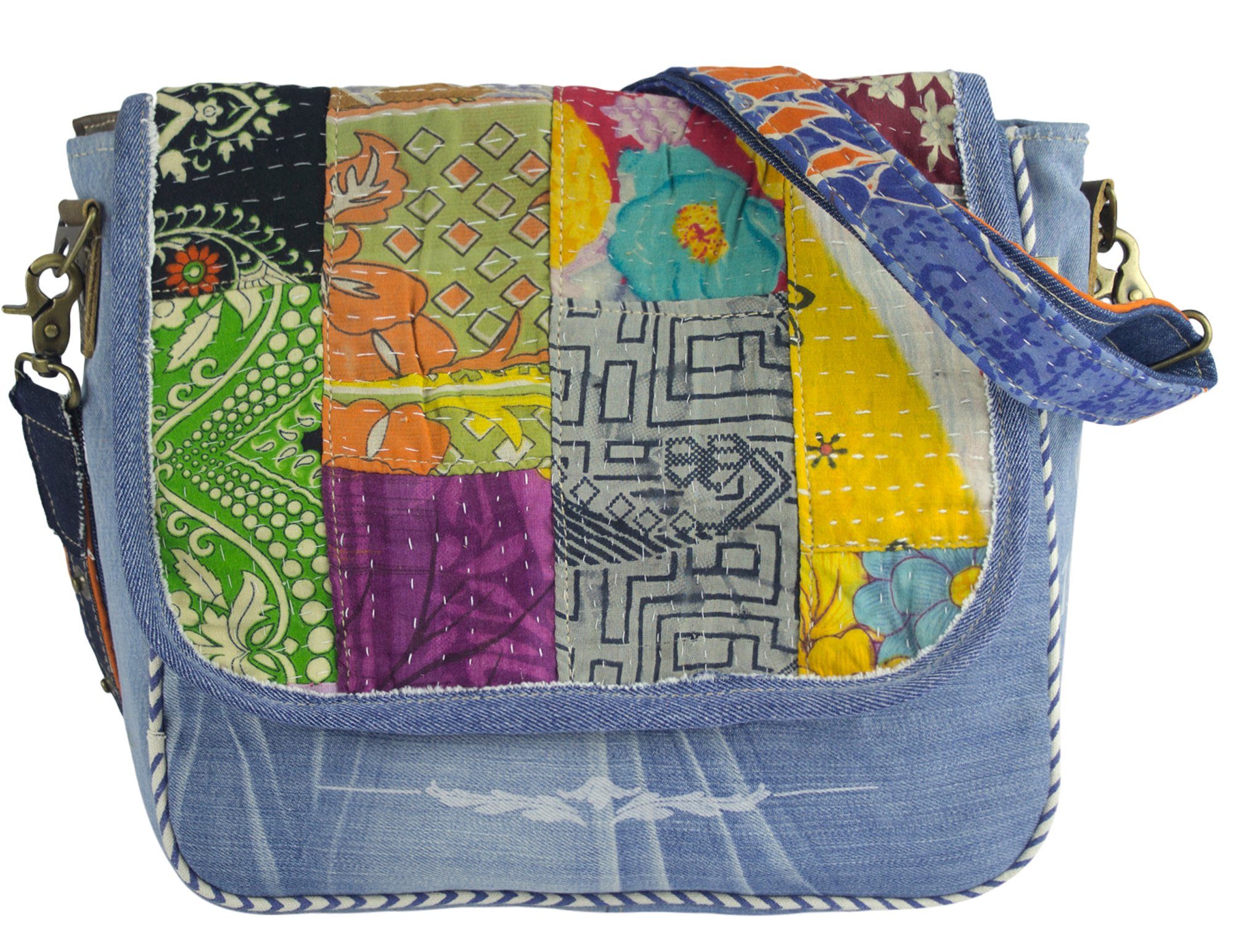 Tasche Sunsa Jeansstoff, recycelter & und Sari recycelter & verstell- Upcycling recycelter Jeansstoff Schultergurt, Umhängetasche Sari abnehmbarer Messenger