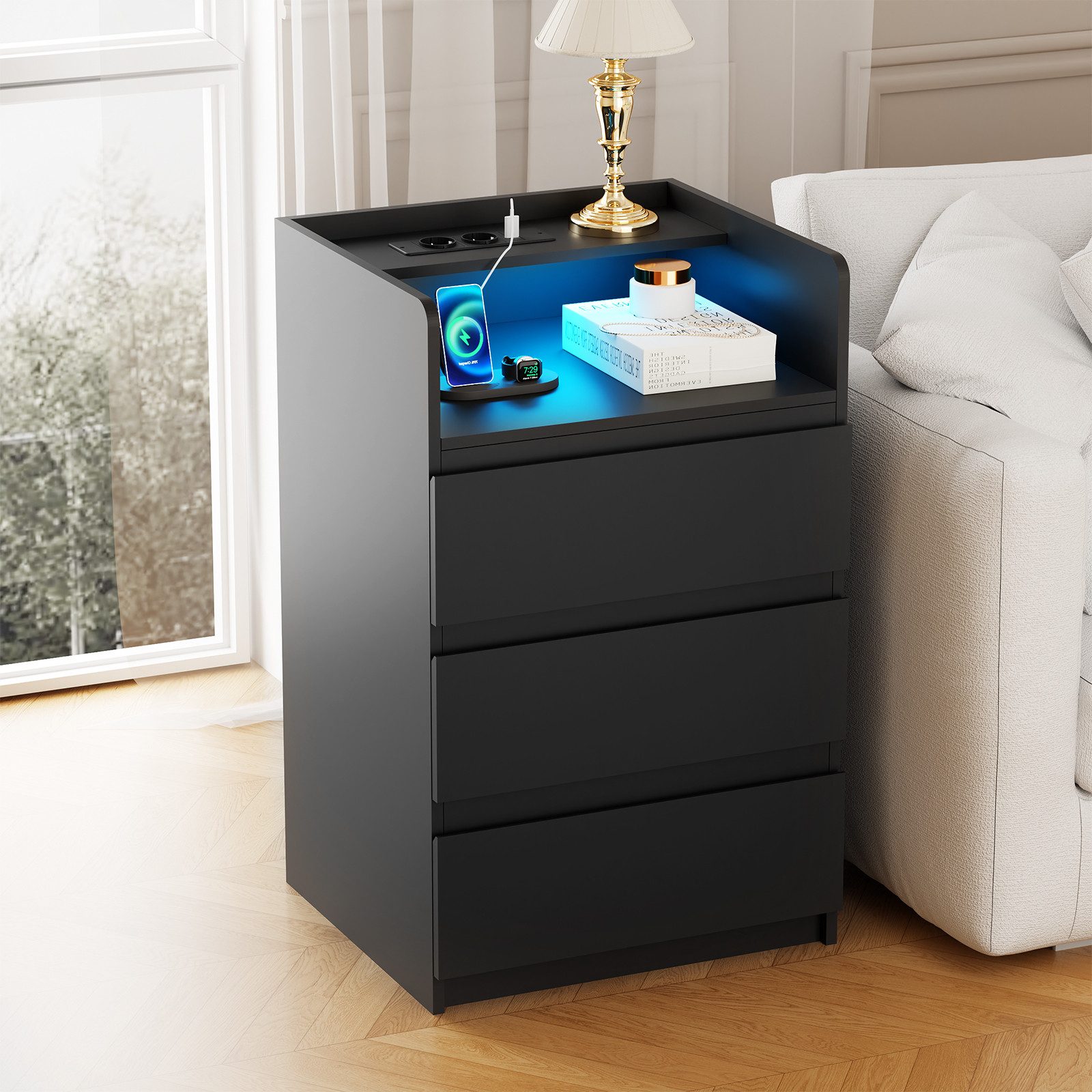 BEWISHOME Nachttisch mit LED-Beleuchtung, Steckdosen & USB-Anschlüssen, 40x35x68cm (1-St), Moderner Schlafzimmerschrank mit Stauraum