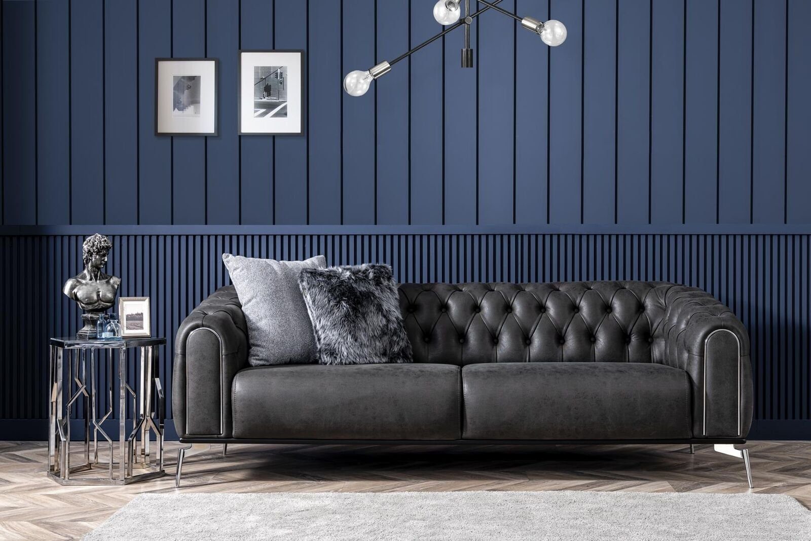 Viersitzer Made Europa Kunstleder 1 Sofa JVmoebel in 4 Schwarz, Teile, Chesterfield Sofa Sitzer