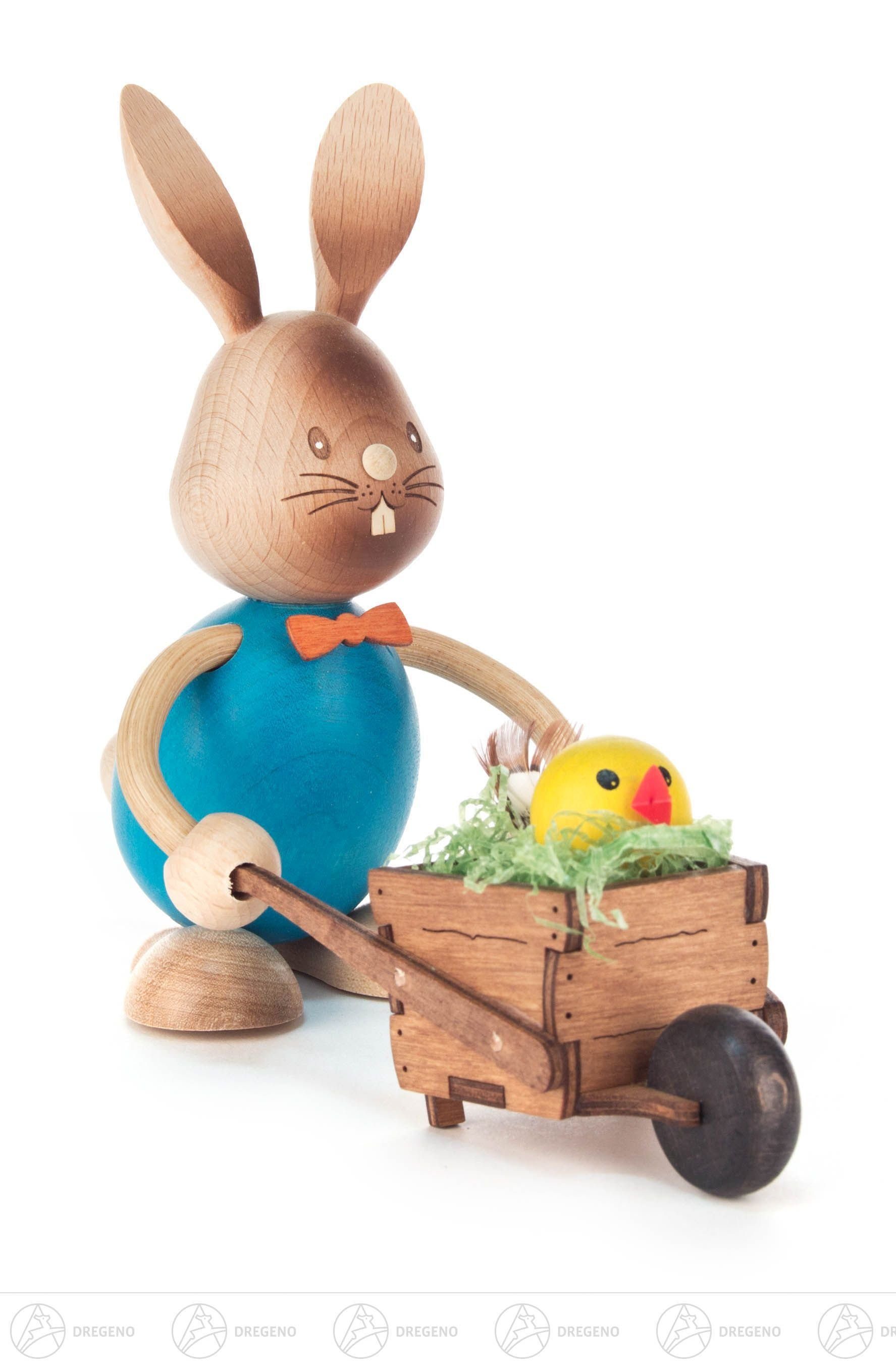 Dregeno Erzgebirge Osterhase Ostern & Frühjahr Hase "Stupsi" mit Schubkarre Höhe x Tiefe 13 cmx1, Mit Küken in der Karre