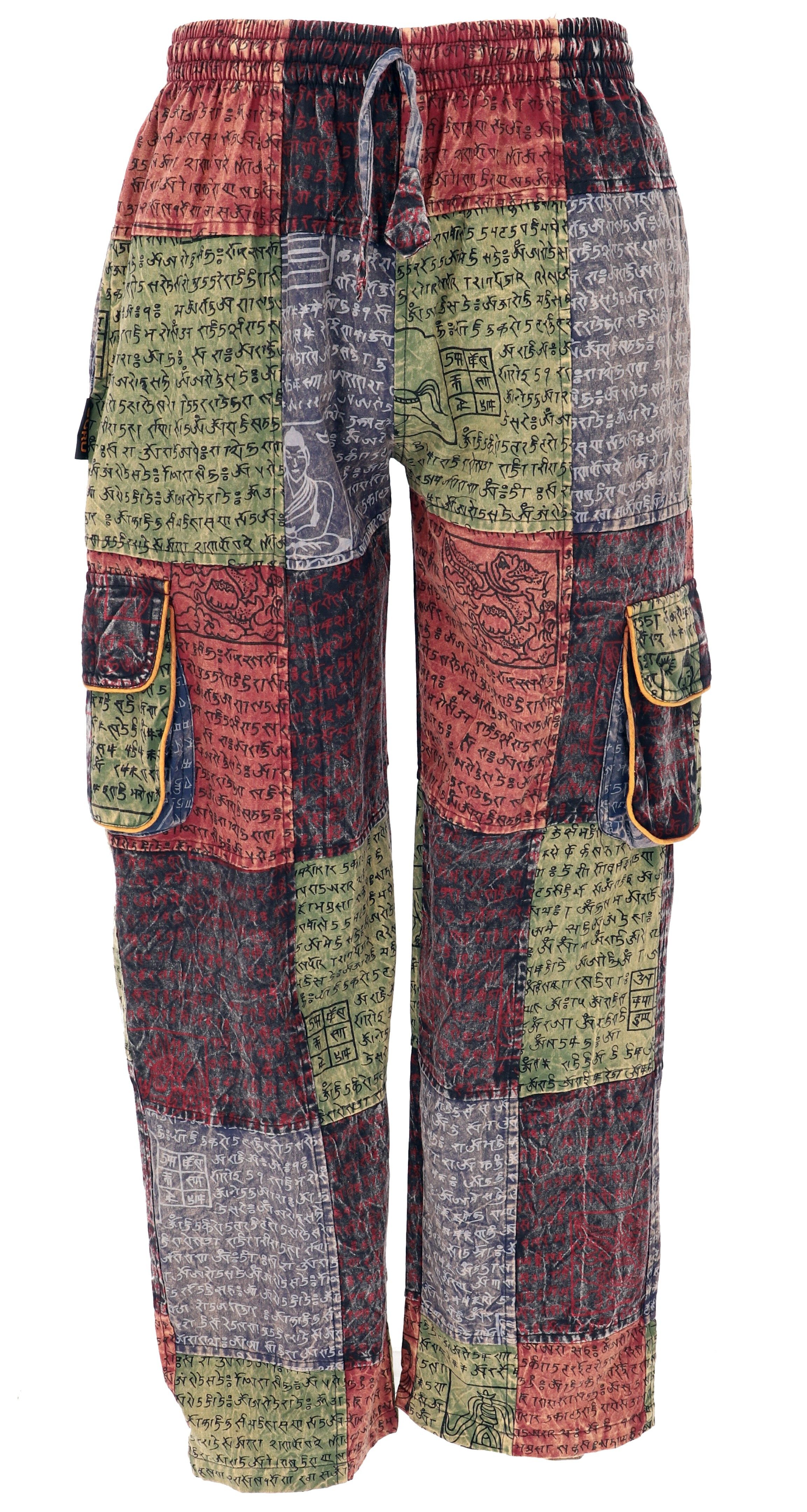 Guru-Shop Relaxhose Patchwork Cargohose, bequeme Mantra Print.. Ethno Style, alternative Bekleidung