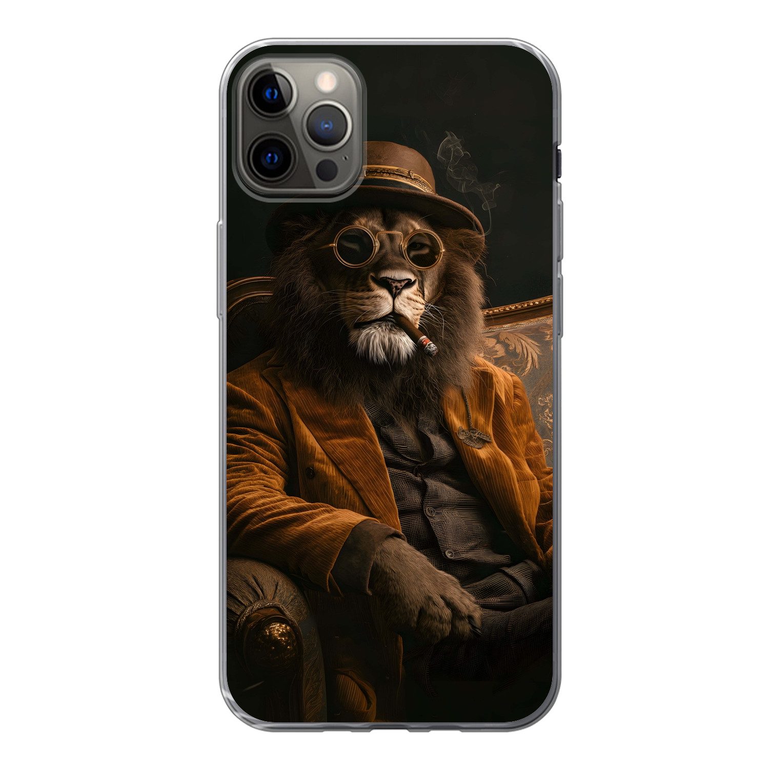 MuchoWow Handyhülle für Apple iPhone 12 Pro Max Brille - Löwe - Bank - Hut, Smartphone-Bumper, Print, Handy Schutzhülle Dünn
