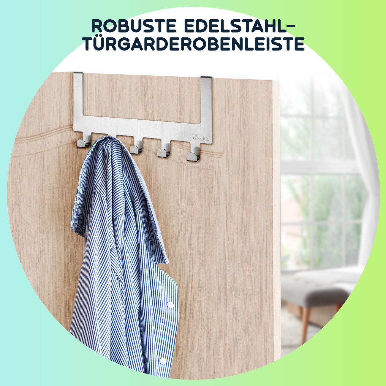 Casativo Garderobenleiste Edelstahl-Türgarderobe, Platzsparende Hakenleiste mit 5 Kleiderhaken (2 St., 1er/2er-Set), 5 Haken, für 35-45mm Türen, kratzschutz-gummiert
