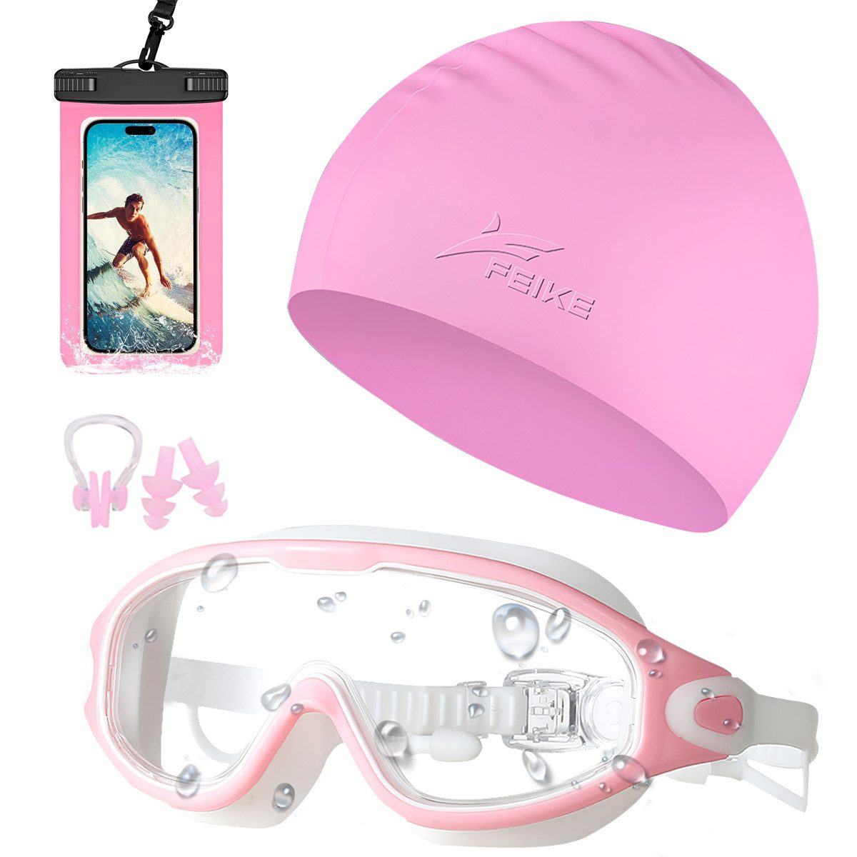 ZEUOPQ Schwimm-Hijab Schwimmbrille Anti Fog mit Badekappe,wasserdichte Tasche Erwachsene (set: wasserdichte Brille Ohrstöpsel Nasenklammer wasserdichte Tasche), Für Freizeitschwimmen Schwimmunterricht Poolpartys Synchronschwimmen